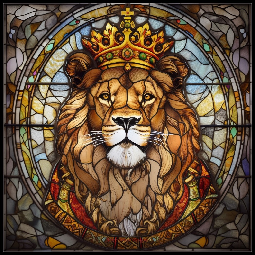 King Lion Portrait Stained Glass 1 - Counted Cross Stitch Patterns Needlework