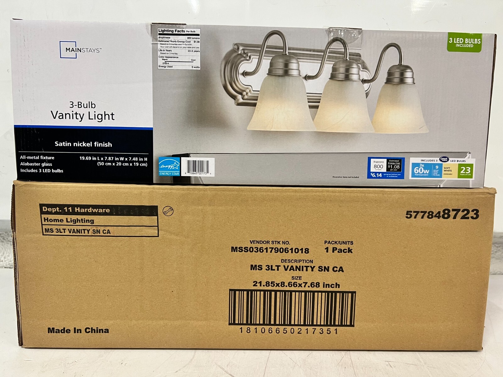 Mainstays 3-Bulb Traditional Vanity Light, Satin Nickel 19.69" X 7.87" X 7.48" H