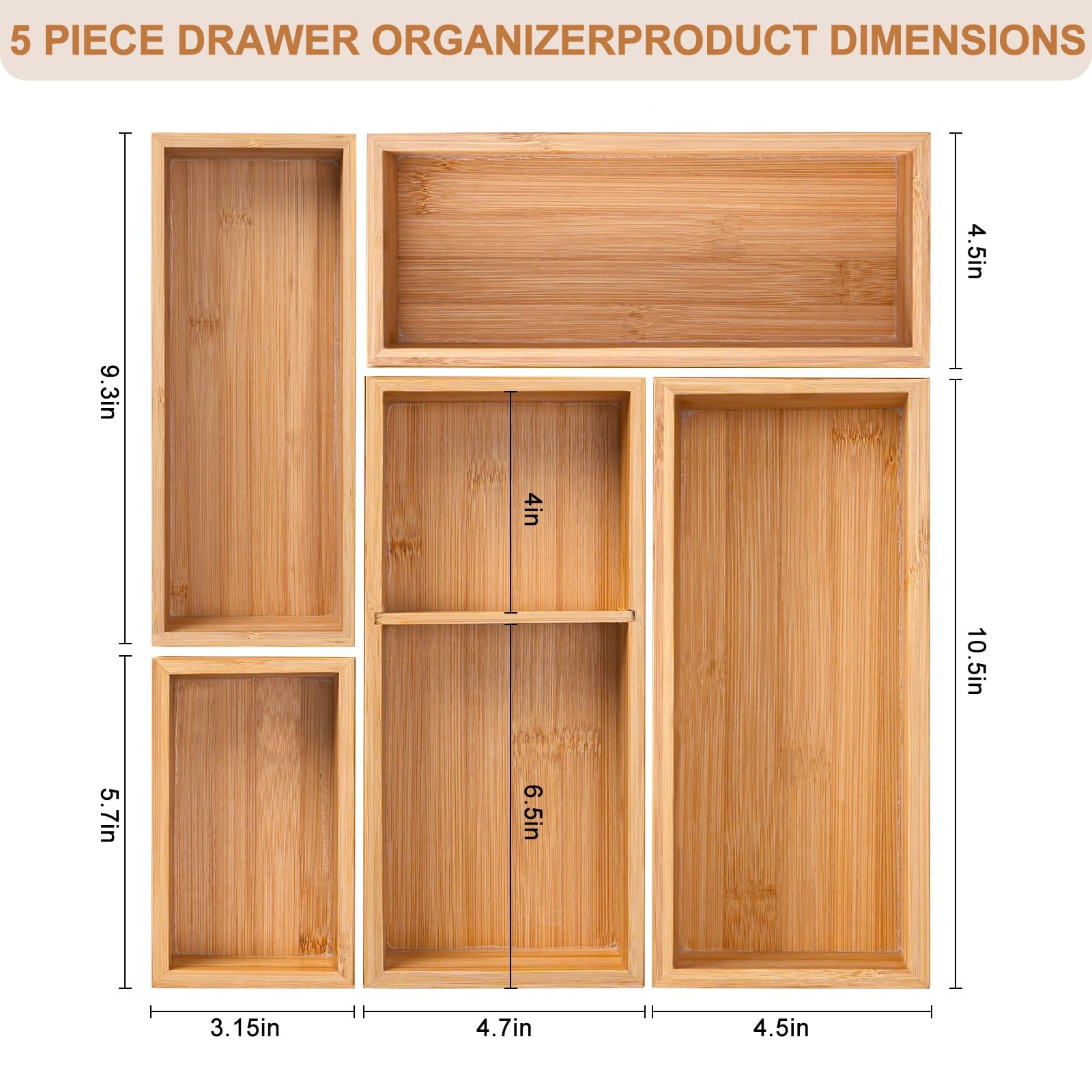 Bamboo Drawer Organizer 5 Pcs for Kitchen Multi-purpose Storage Dividers for ...