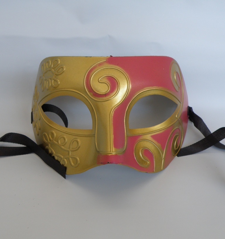 Greek / Roman Mens Masquerade Face Mask & Ribbon Tie On - Gold & DustyPink - NEW