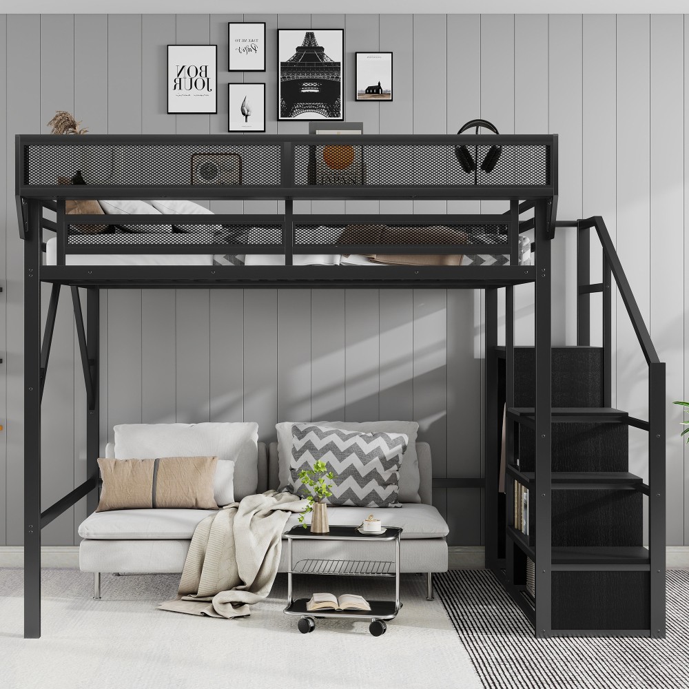 Full Size Loft Bed with Stairs & Shelves, Sturdy Metal Frame for Kids & Teens
