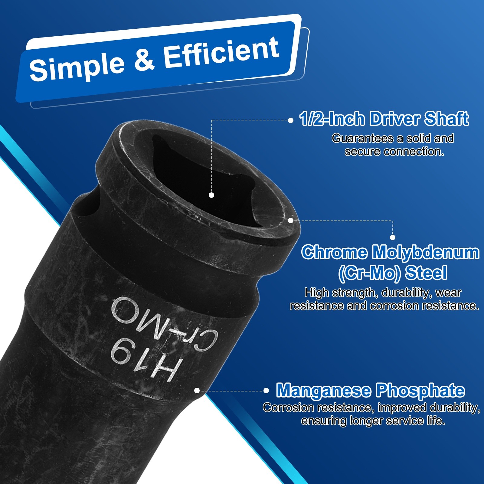 1/2" Drive Impact Hex Bit Socket 19mm Metric CR-MO Steel Hexagonal Socket