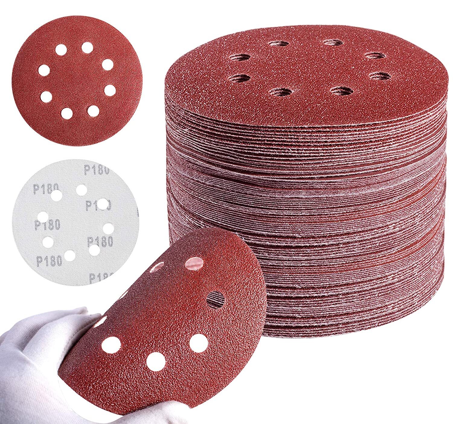 150PCS 5in Sanding Discs 40 Grit Hook and Loop 8-Hole 125mm Orbital Sander Paper