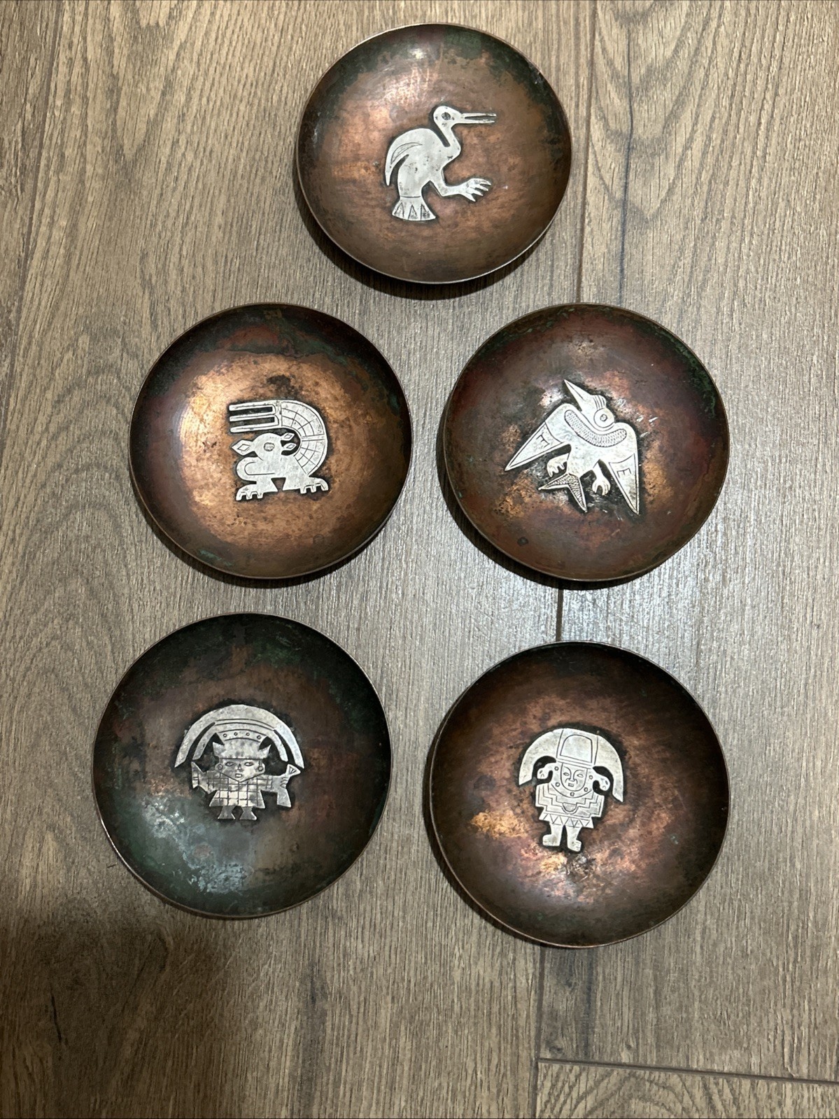 RARE 4” vintage Copper & Sterling Graziella Laffi Peru Bowl  Bird LOT OF 5!!!