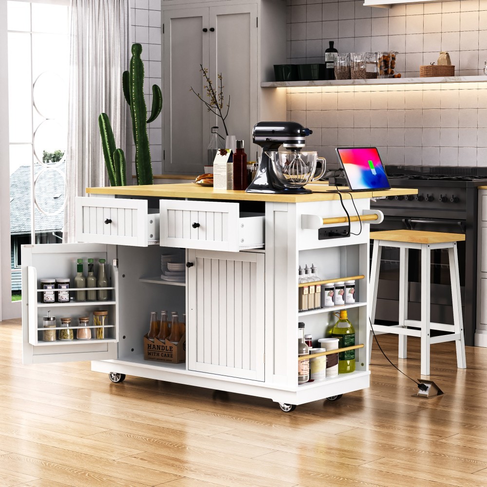 Kitchen Island W 2 Bar Stools 5 Open Side Racks 2 Drawers