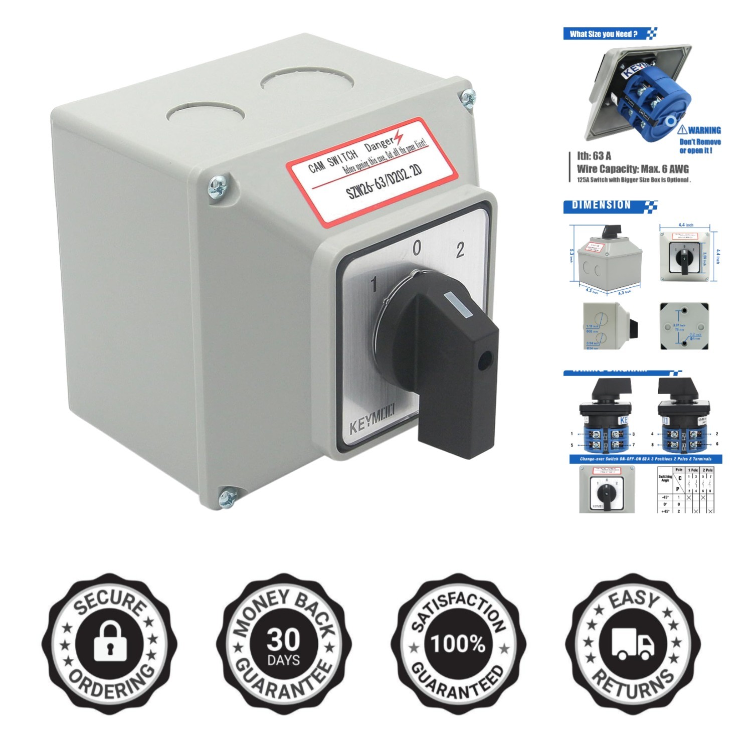 Durable 660V Rotary Changeover Switch, 63A Master Switch in Flame Retardant Box