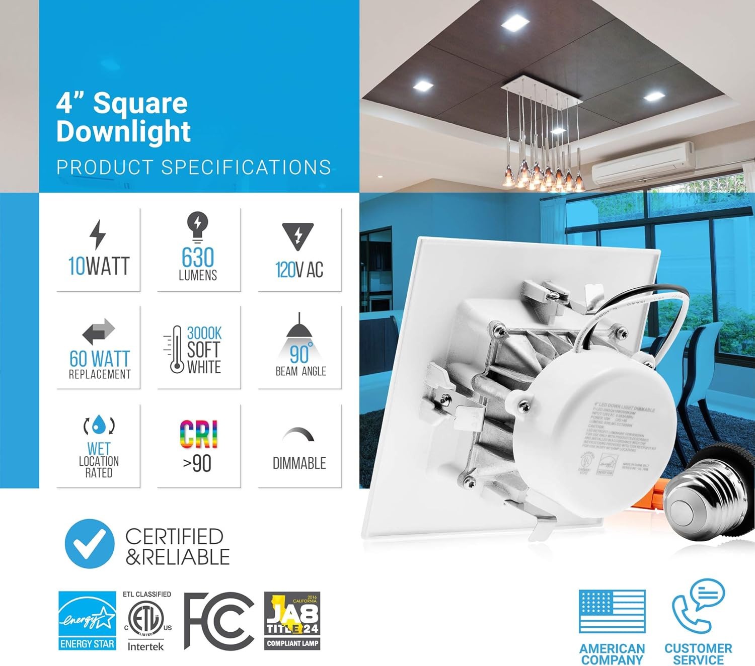 PARMID - 4 inch Dimmable LED Square Recessed Retrofit Can Lights
