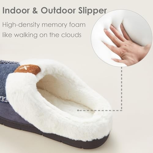 Men's Slip On Moccasin Slippers Memory Foam Fuzzy Slippers for Men 9-10 Navy