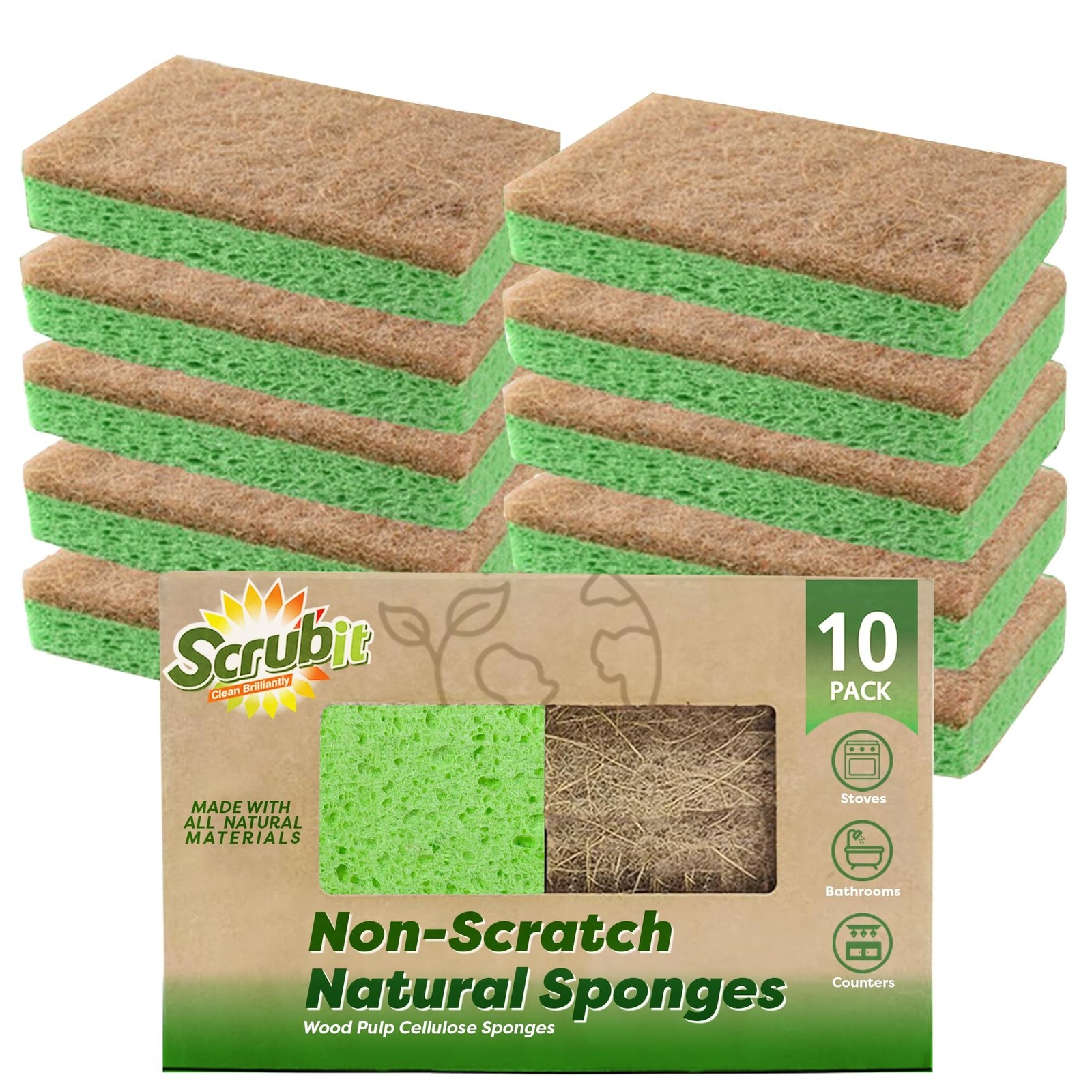 SCRUBIT Natural Sponges - 10 Pack Biodegradable Compostable Cellulose and Coc...