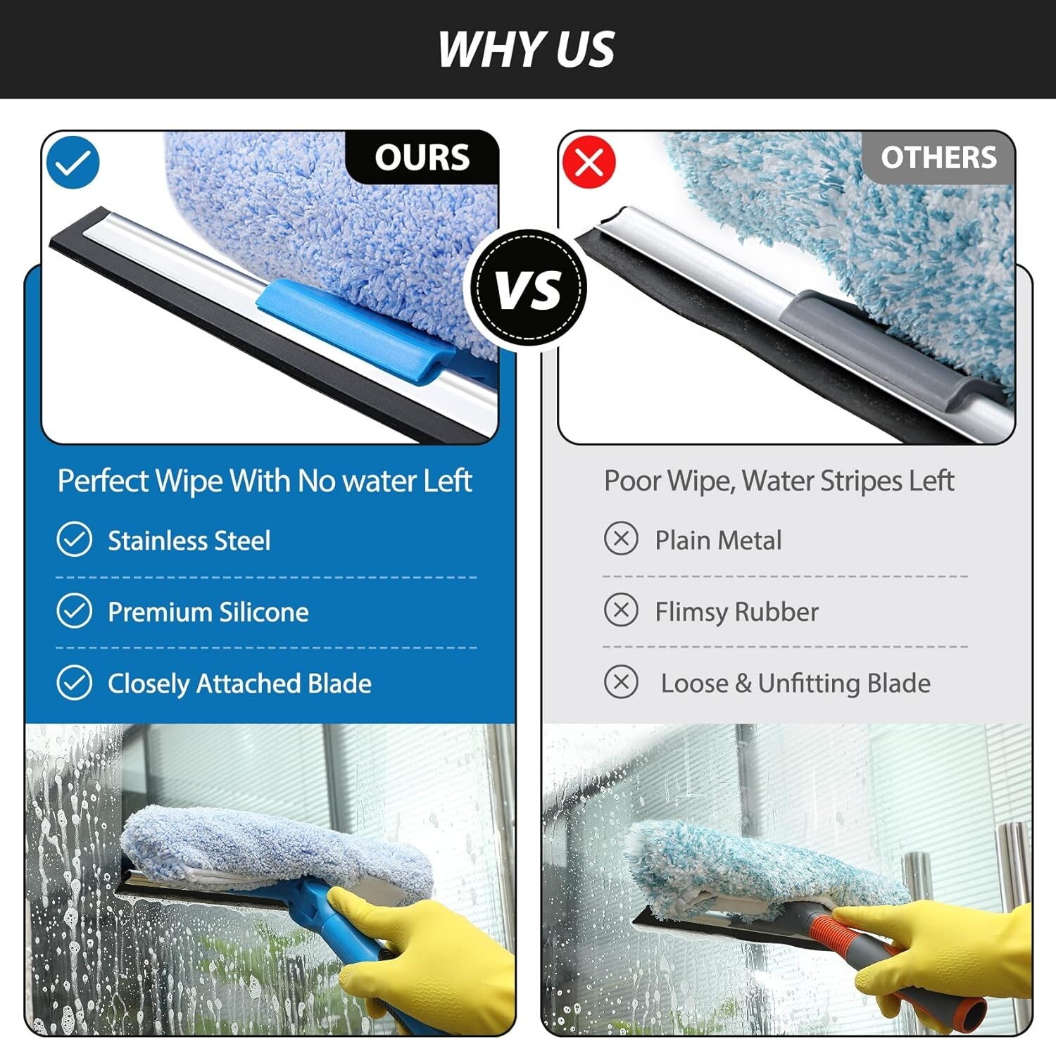 Professional 69'' Window Squeegee Cleaner Tool with Extension Pole with Scrubber