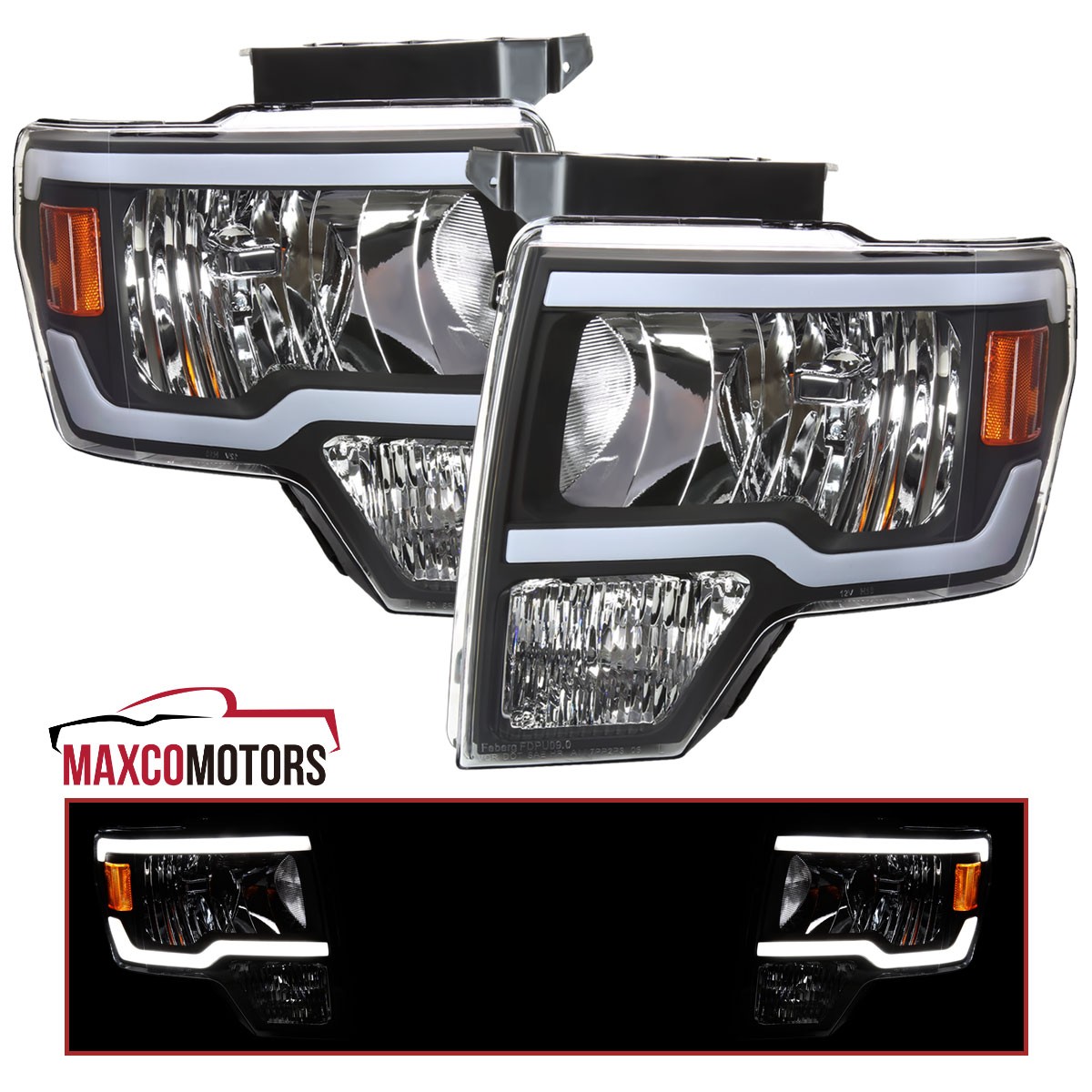 Black Headlights Fits 2009-2014 Ford F150 LED Tube DRL Headlamps Left+Right