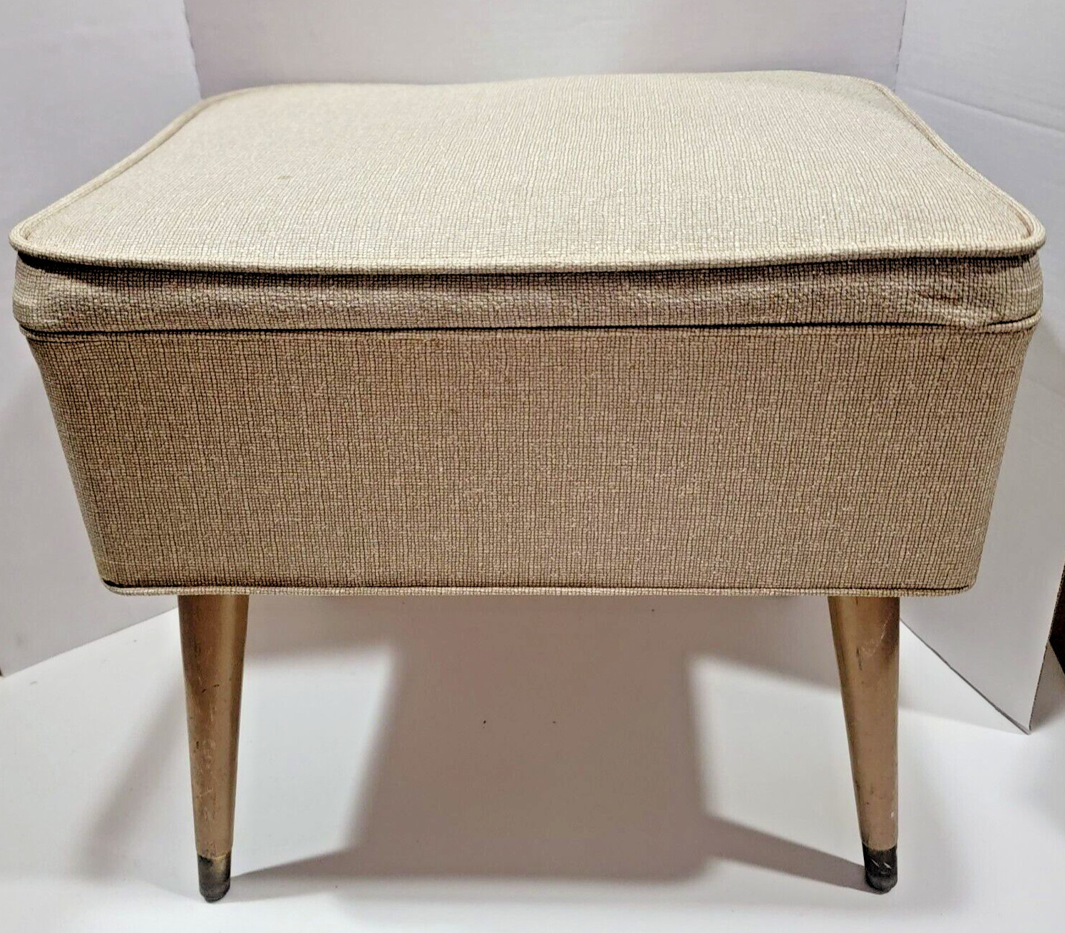 Vintage Beige Vinyl Sewing Seat Hassock Ottoman w/Storage