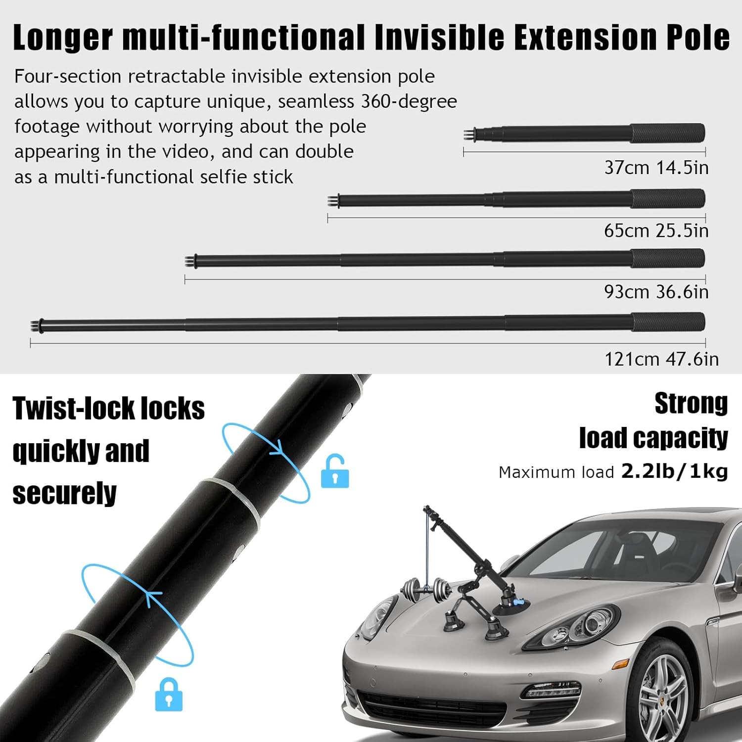 Triple Strong Suction Cup Camera Car Mount for Insta360, with 2In1 Extension Pol