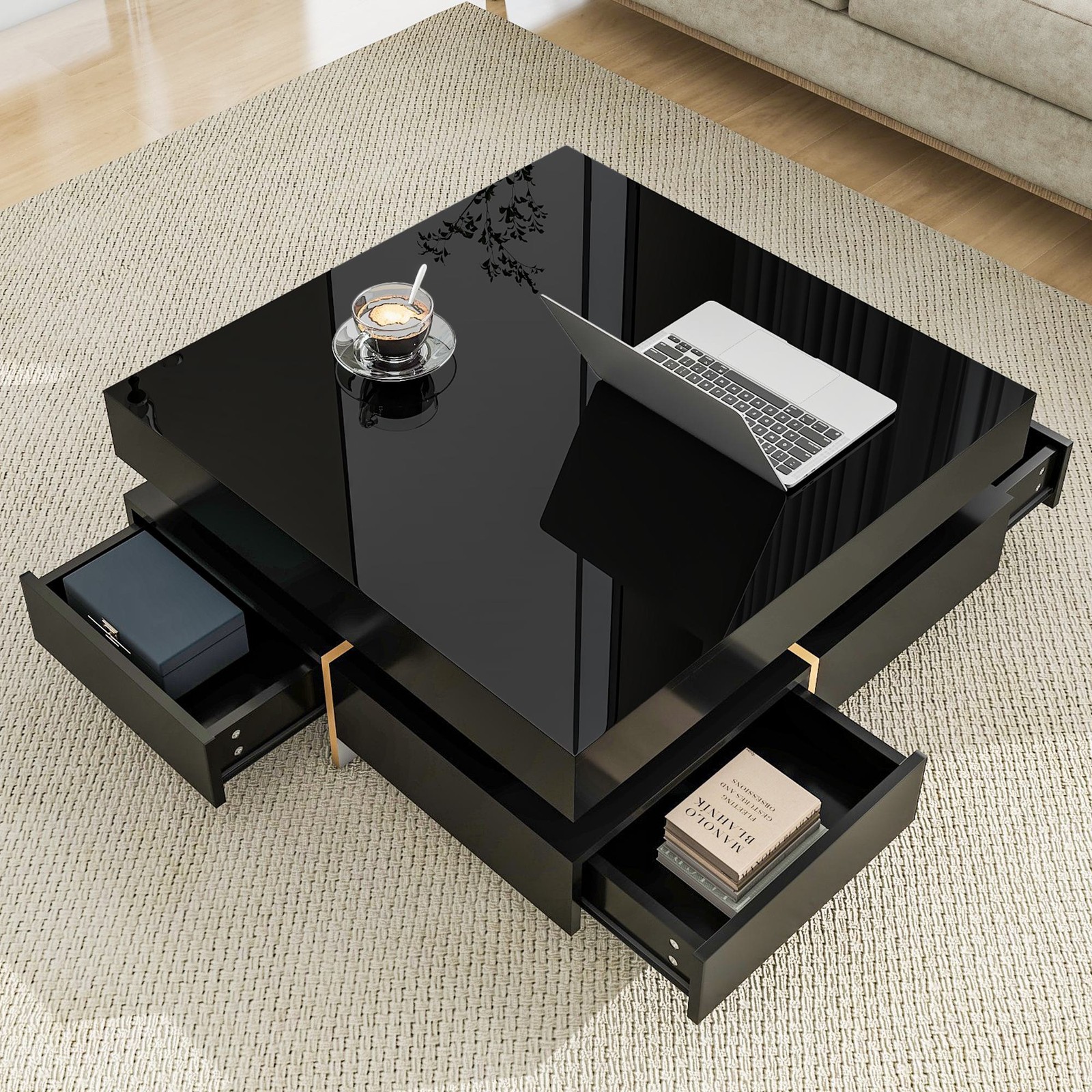 Vinsetto Coffee Table with 4 Drawers, Black