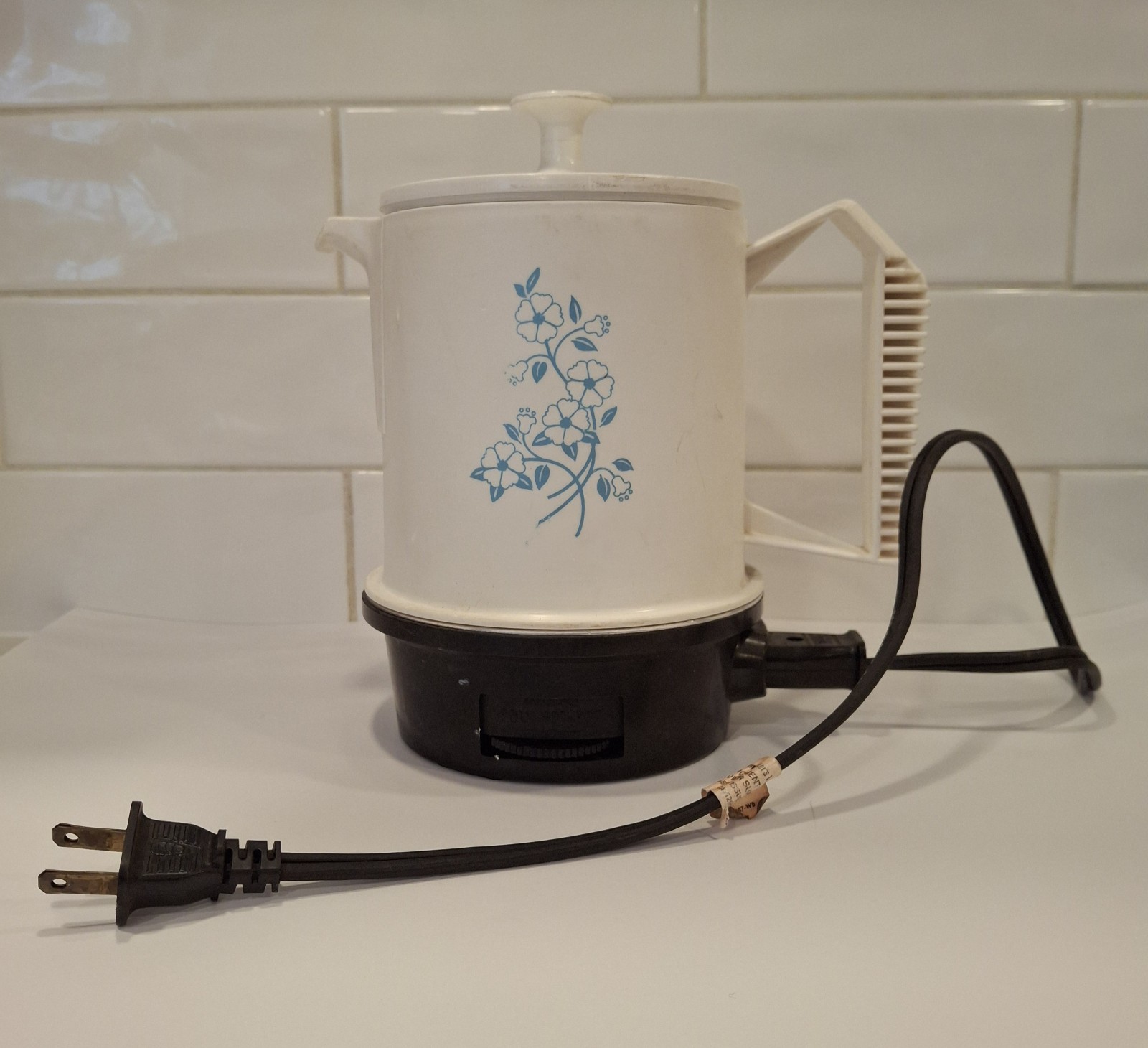 Electric Percolator Coffee Maker White Blue Floral Plastic Lid Power Cord