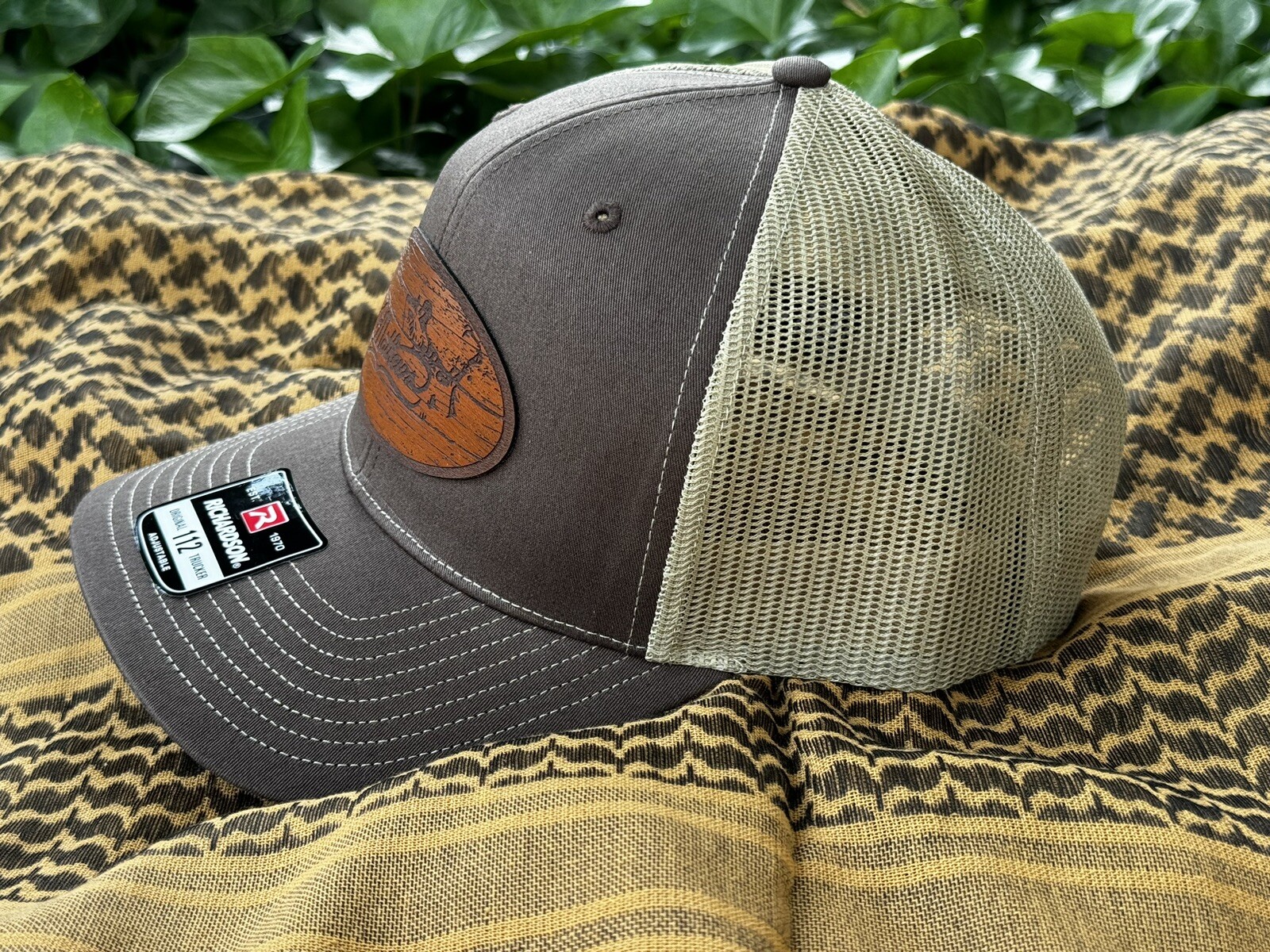 Made in USA Leather Patch Trucker Hat Mathews Archery Oval
