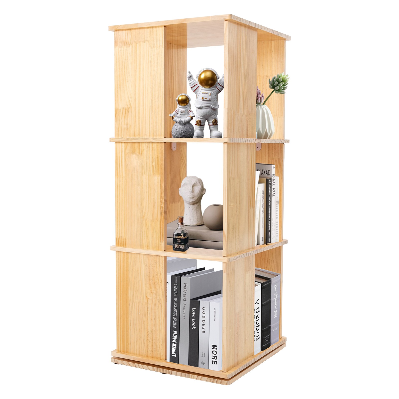 3 Tiers 360 Rotating Bookshelf Display Floor Standing Wood Bookcase Storage Rack