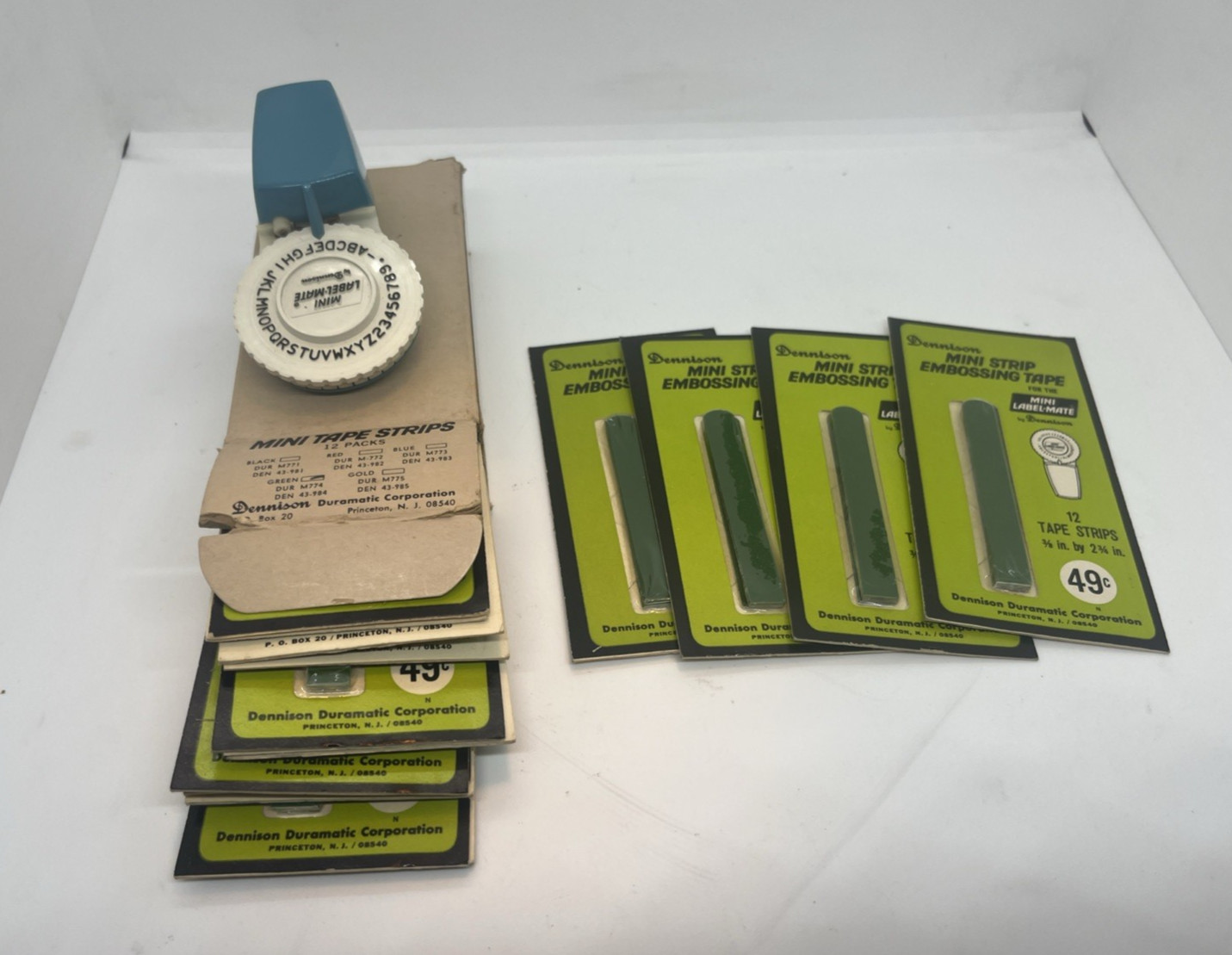 Vintage BLUE DENNISON Mini Label-Mate 3/8"  Label Maker + #16 x 3/8" Green Tape