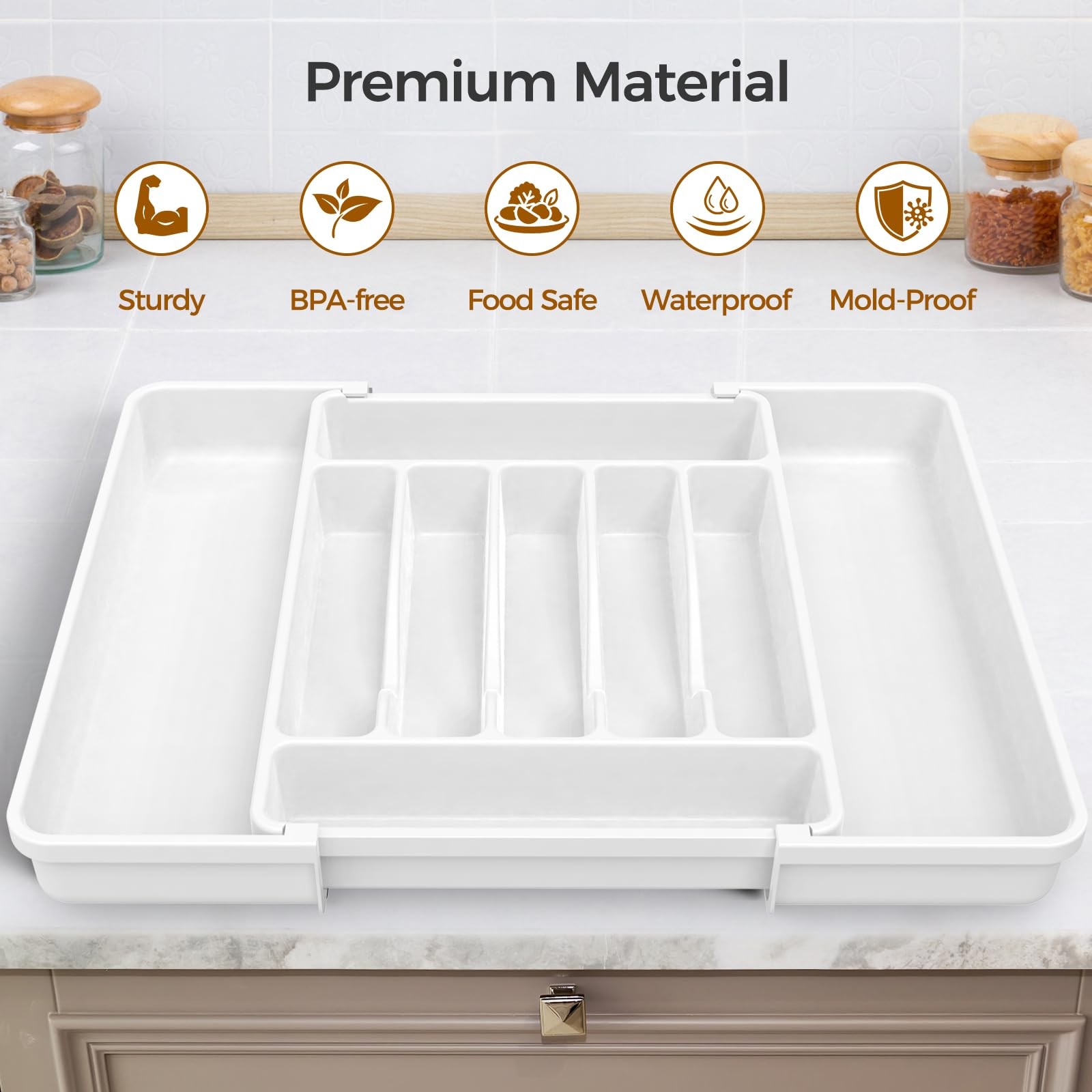 ukeetap Extra Large Expandable Silverware Organizer, BPA-Free Food-Safe White