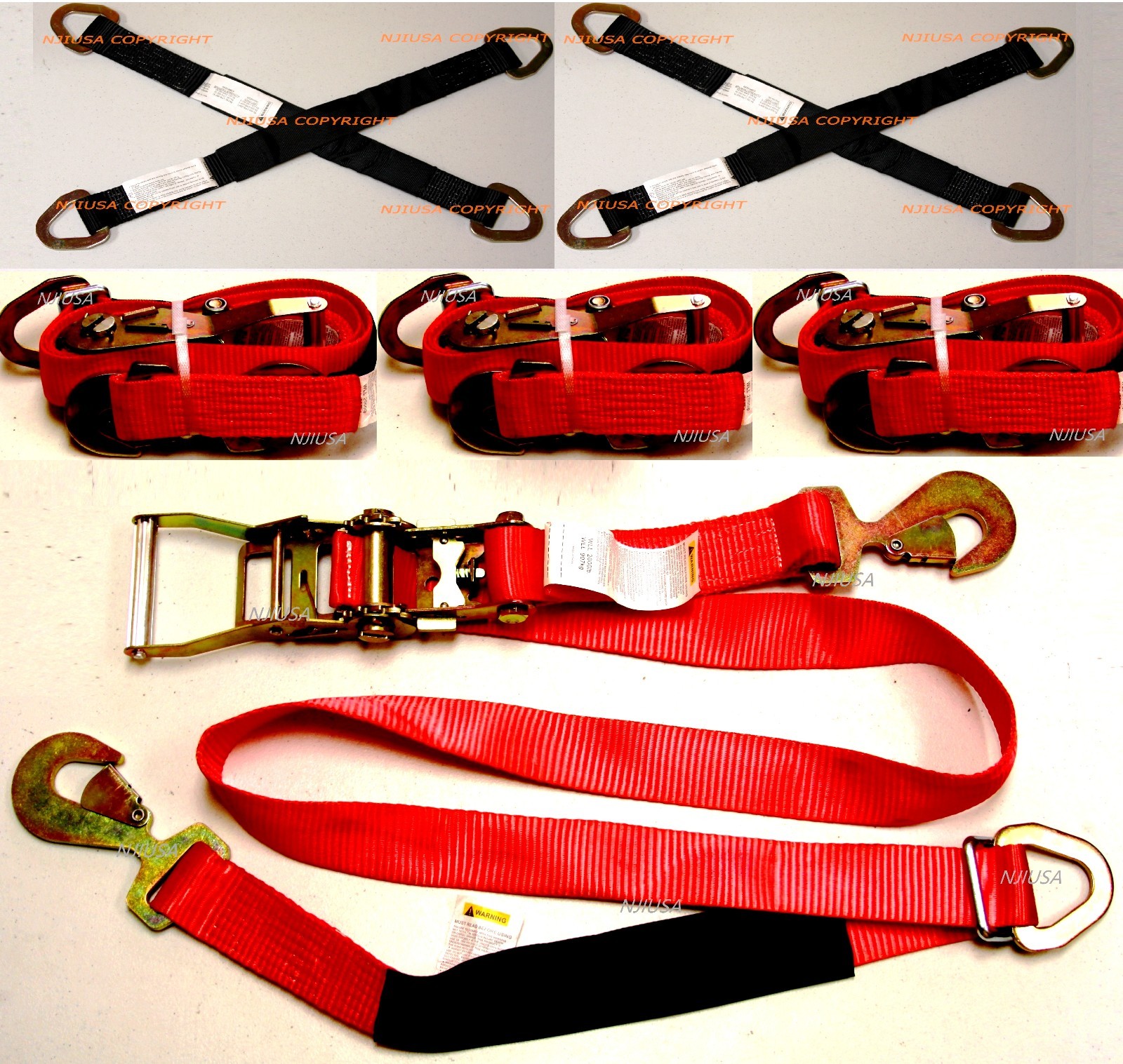 4x Sets Car Hauler Trailer Auto Tie Down Ratchet Tow Kit w/ 36" Axle Straps RED