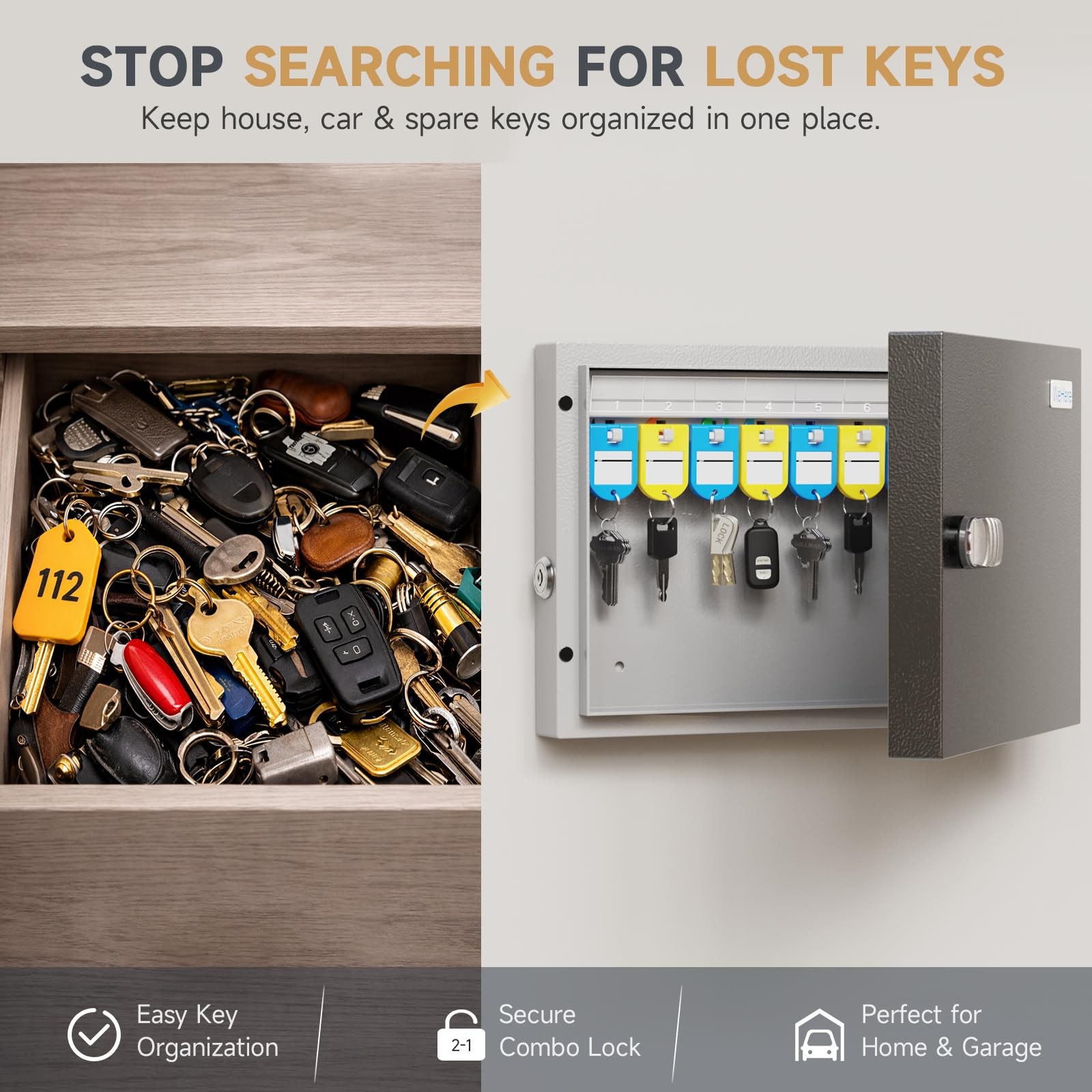 16 Key Lock Box with 3-Digit Combination Lock & Backup Key - Secure Key