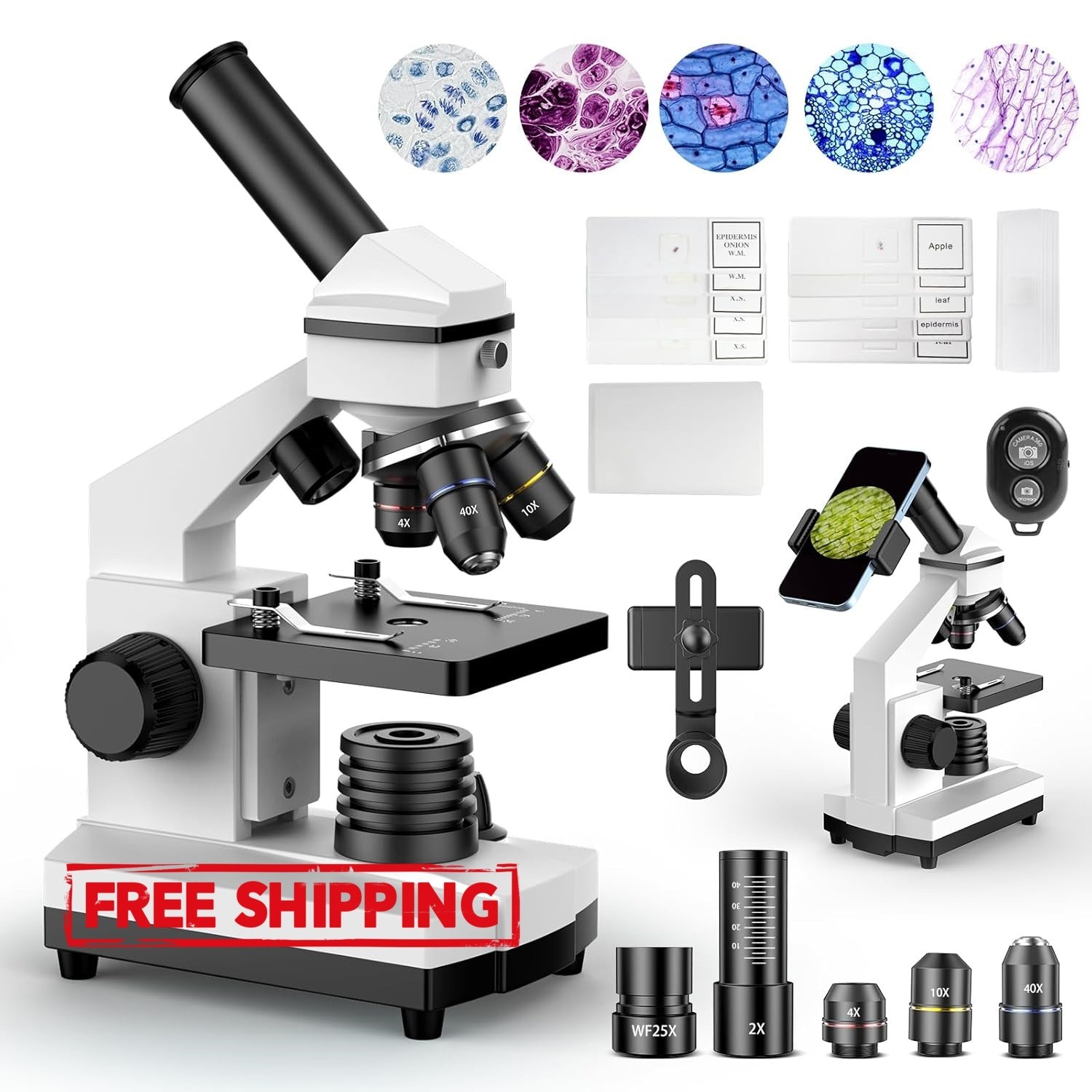 Microscopio biológico de alta potencia 100X-2000X con juego de portaobjetos, NEW