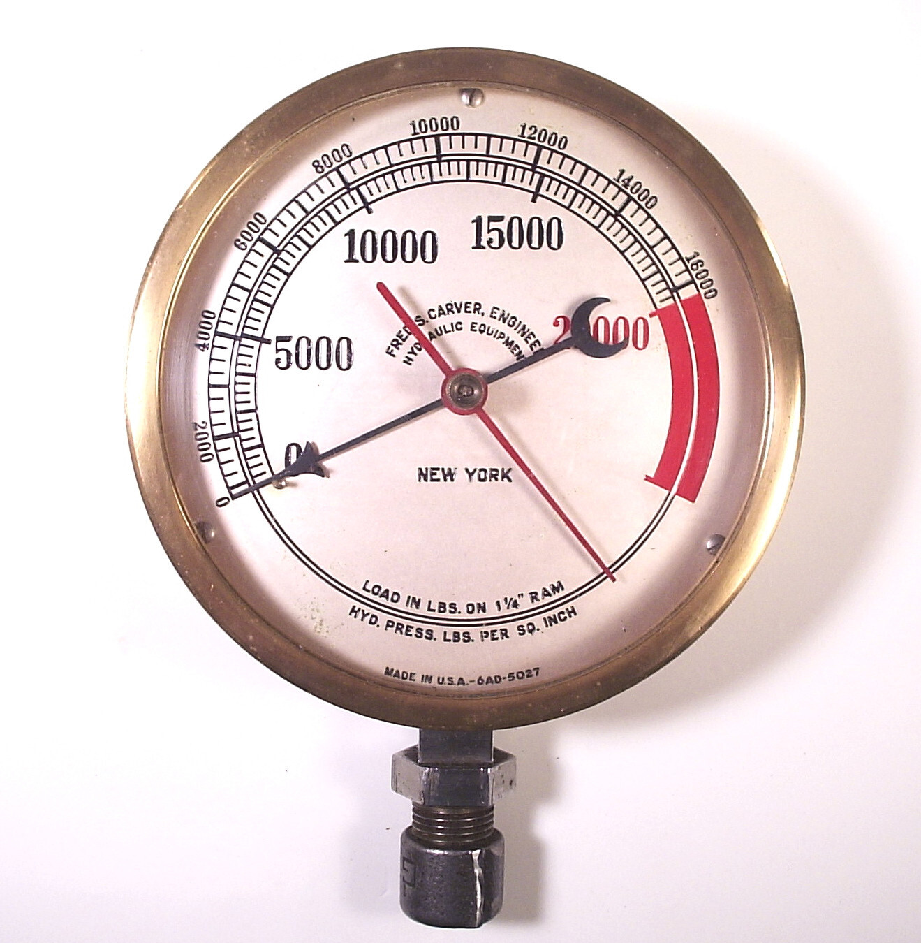 Antique Brass Fred S. Carver Engineer Hydraulic Pressure Engine Gauge 16000 PSI