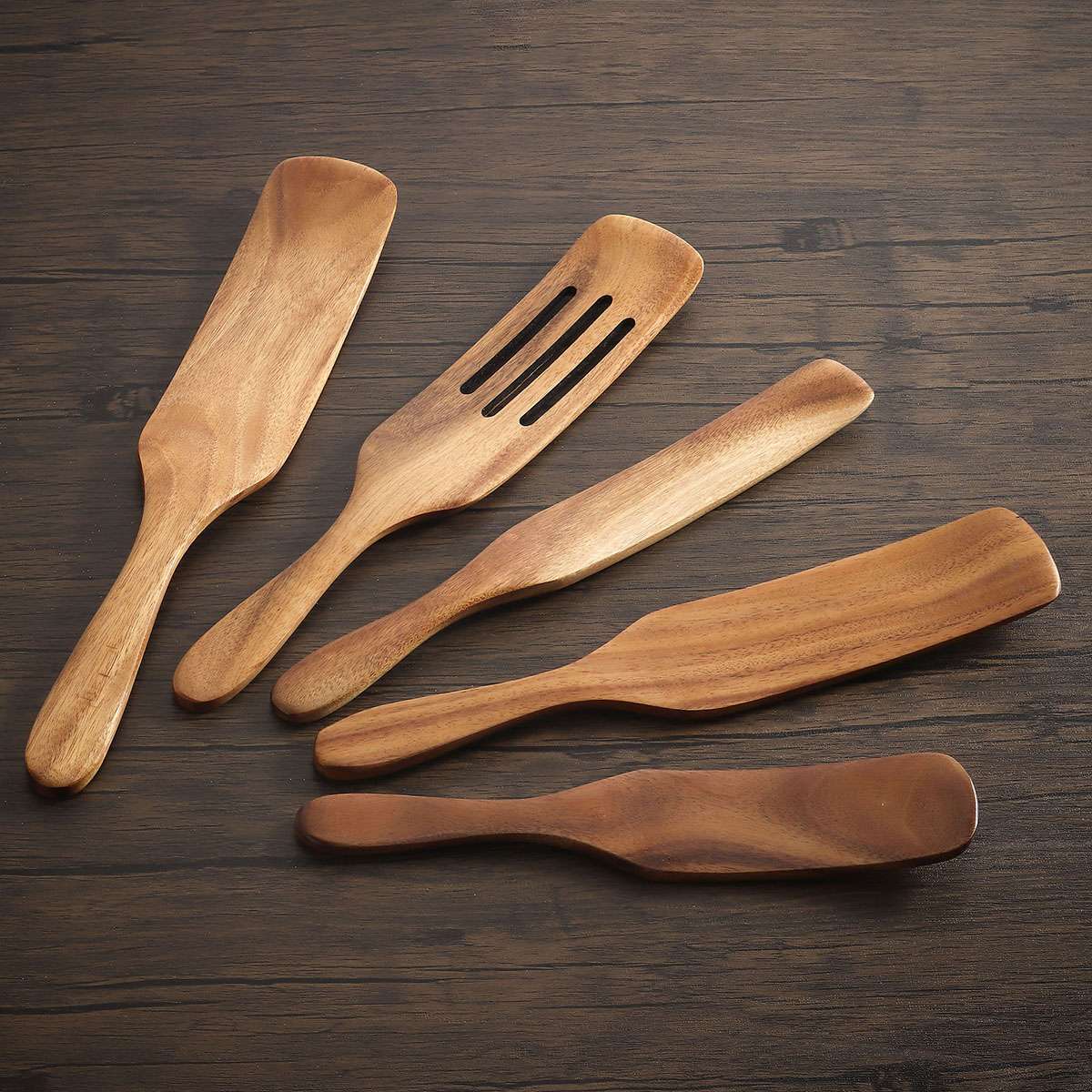 5Pcs Teak Wood Utensils Spatula Spurtle Set Wooden Spoons Kitchen Cooking Tools