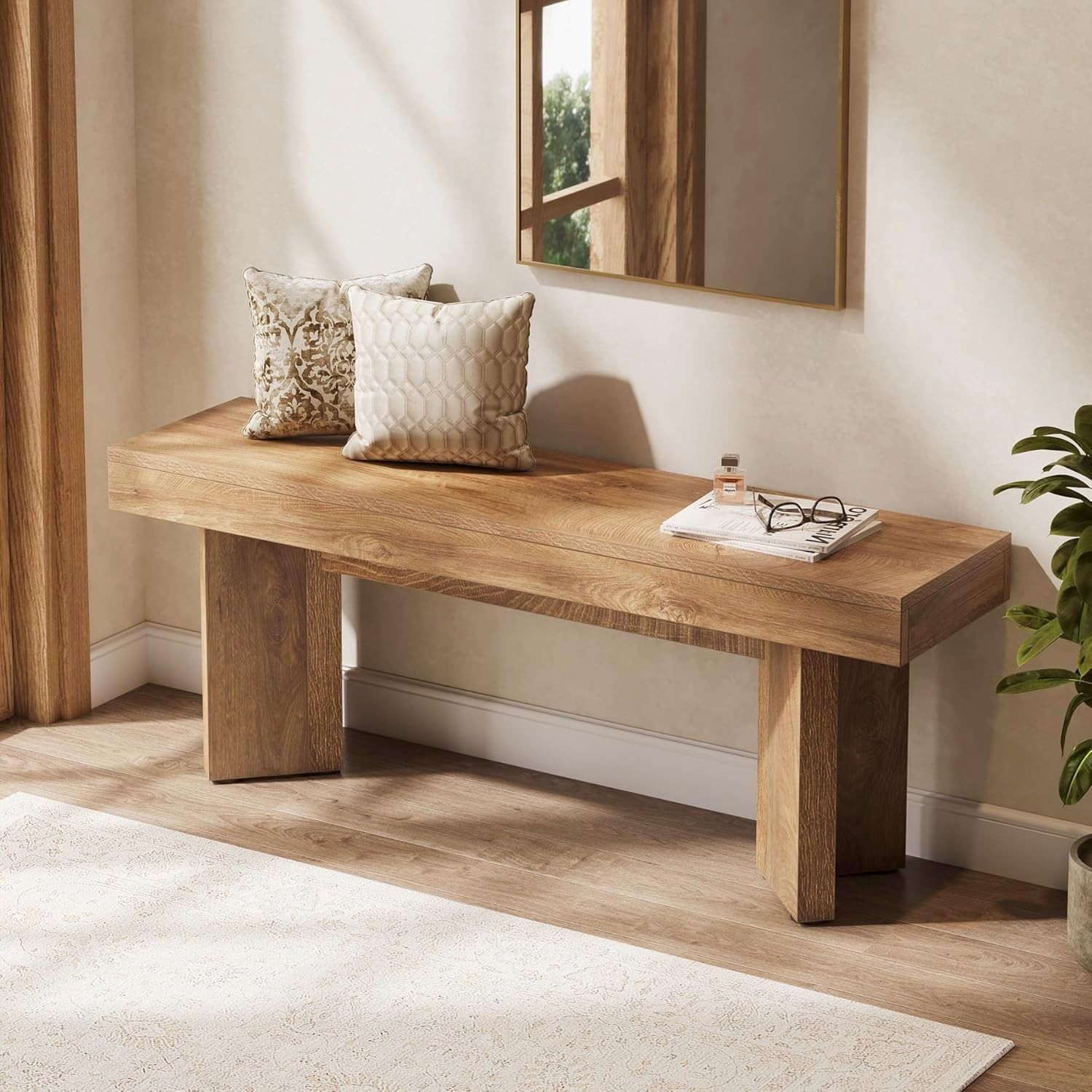 47" Wooden Entryway Bench, Farmhouse Indoor End of Bed Bench for Hallway Bedroom