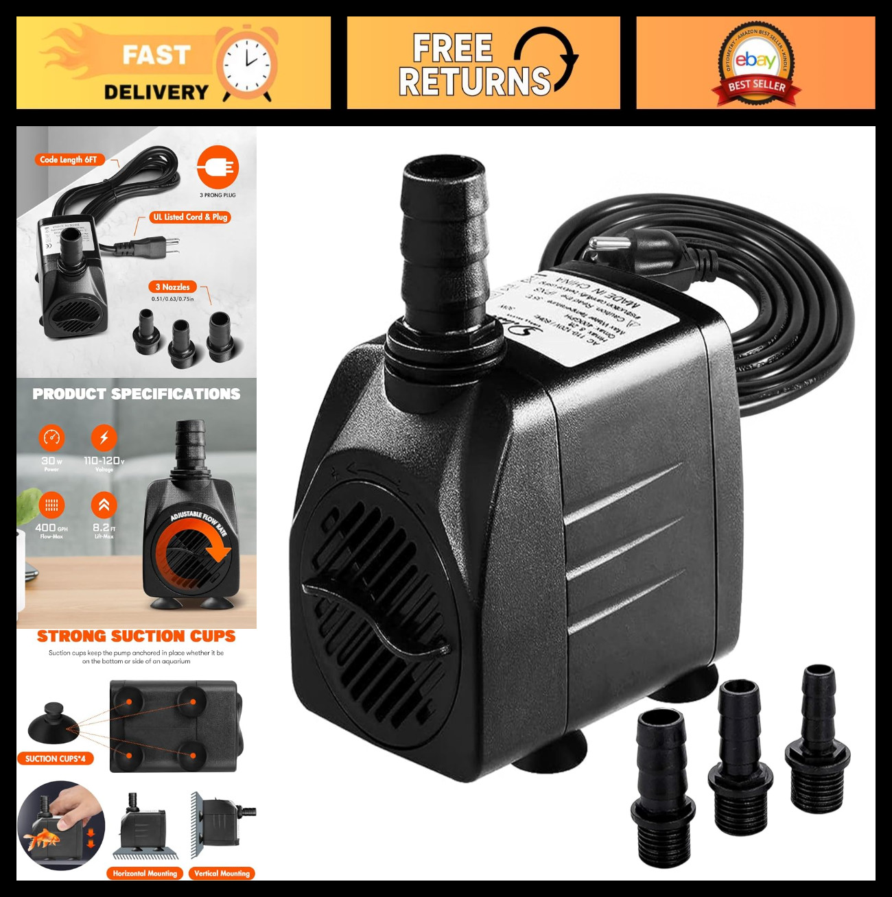 8.2ft High Lift Water Table Pump 400 GPH 30W with 3 Nozzles for Fish Tanks, Foun
