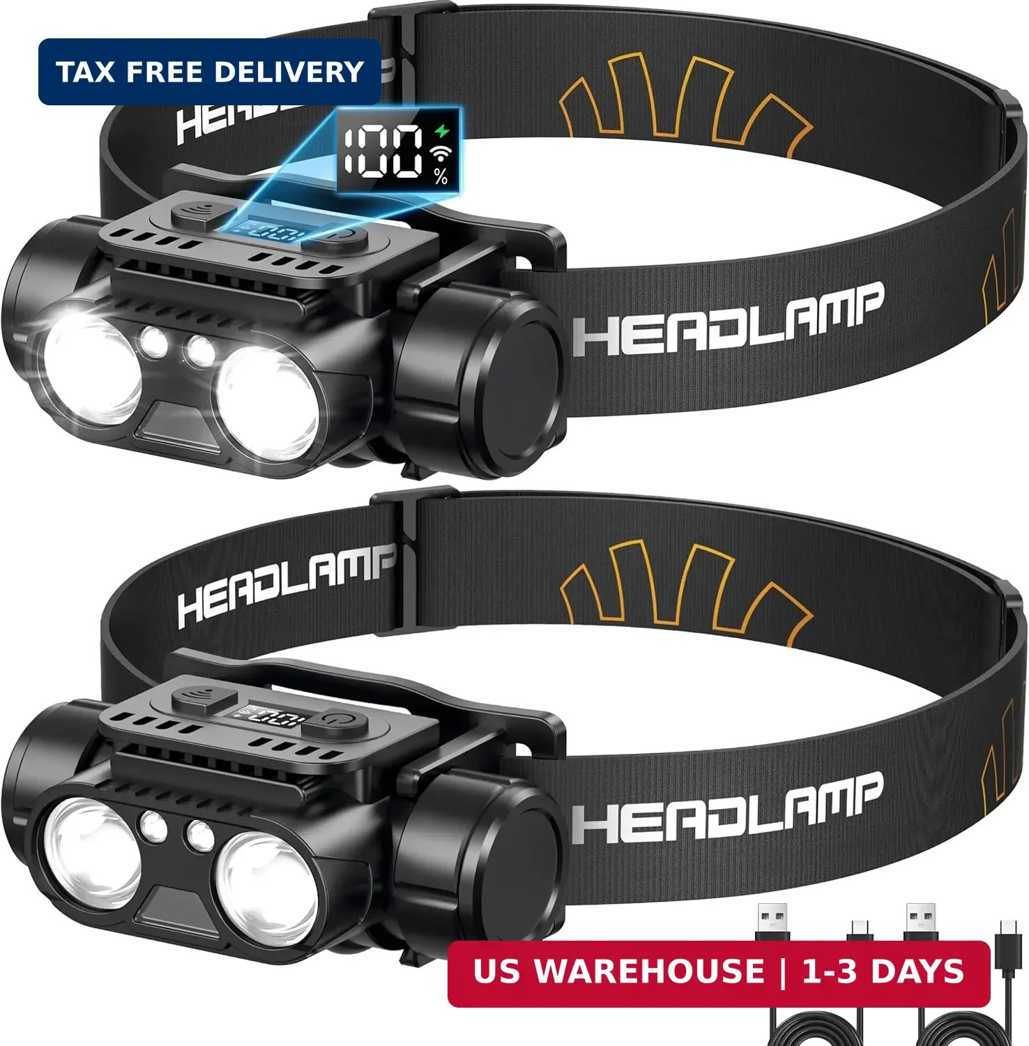 Rechargeable LED Headlamp, 2-Pack Super Bright Head lamp with Motion Sensor, 45°