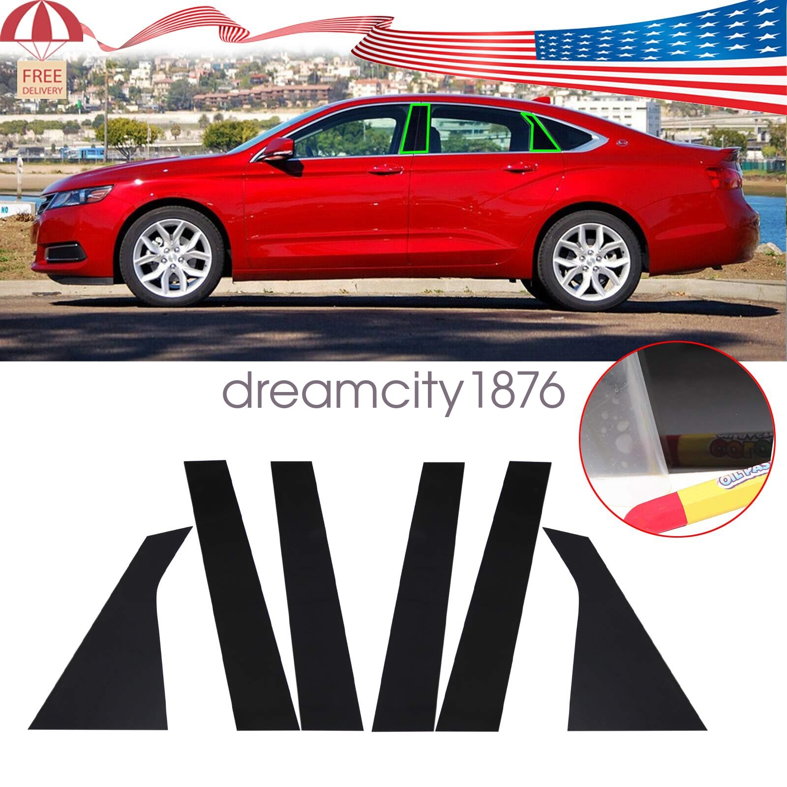 6Pcs Black Glossy Pillar Posts Set Door Trim Cover For 2014-2020 Chevy Impala