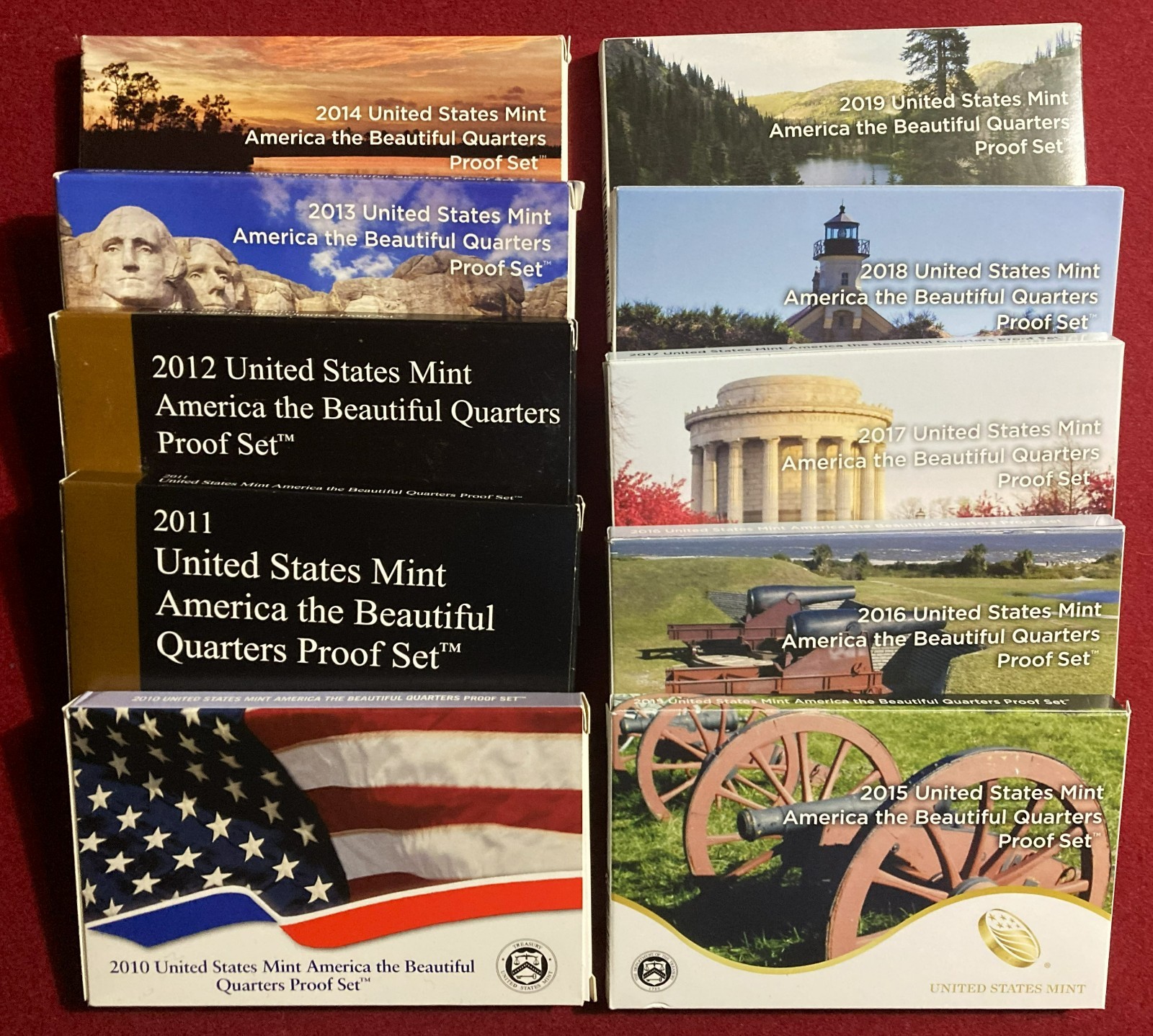 2010 to 2019 National Parks Quarter Proof Sets, America the Beautiful, W/OGP&COA