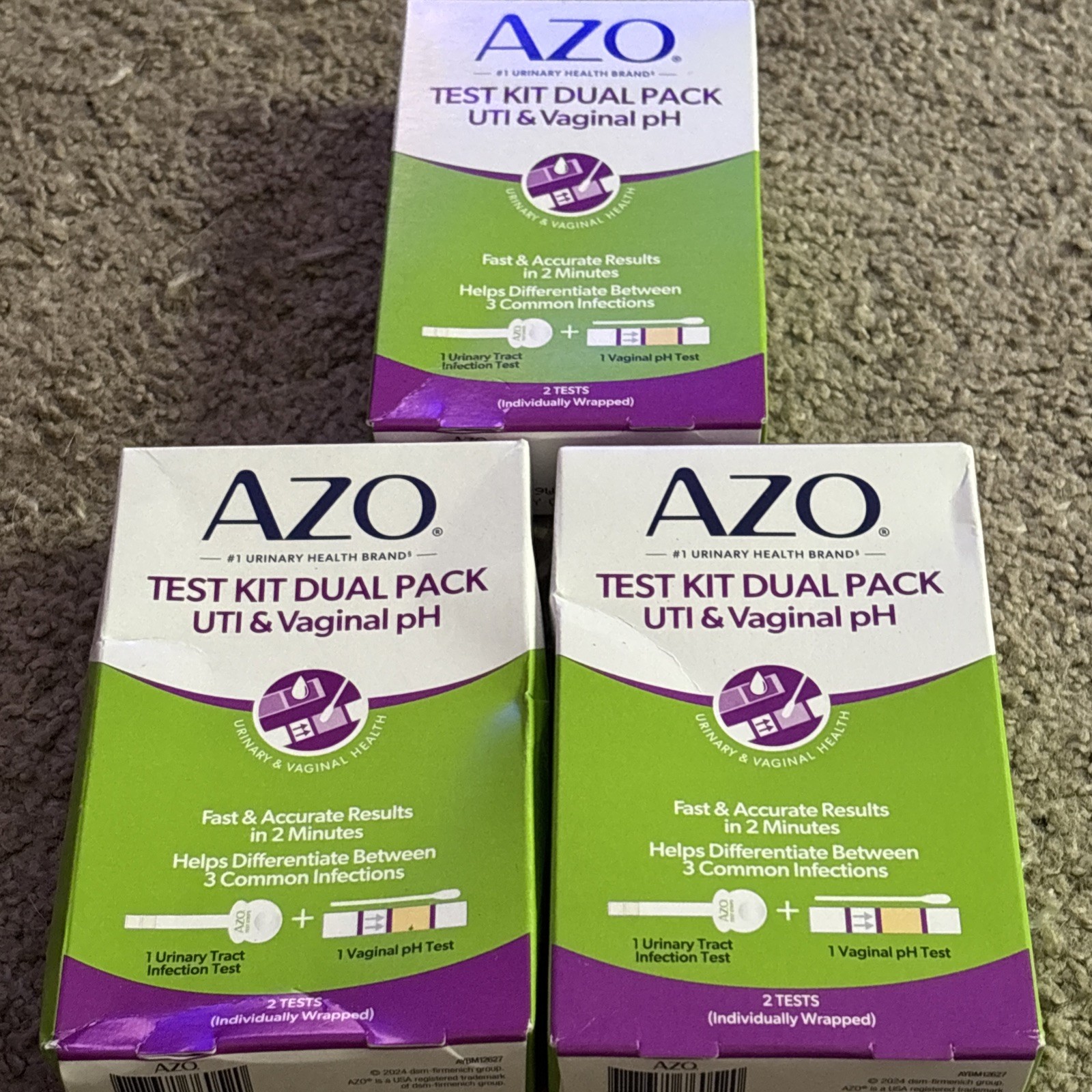 AZO Test Kit Dual Pack UTI & Vaginal pH. 3 Boxes 2 Tests Each Box Exp 7/2027