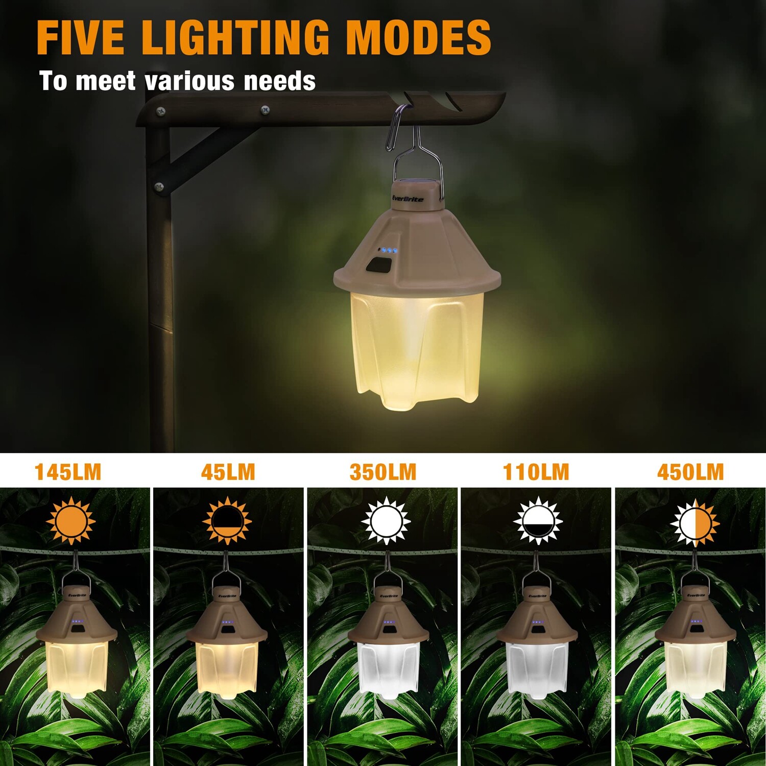 EverBrite 2PC 450LM Camping Lantern Rechargeable Camping Lantern 5 Lighting Mode