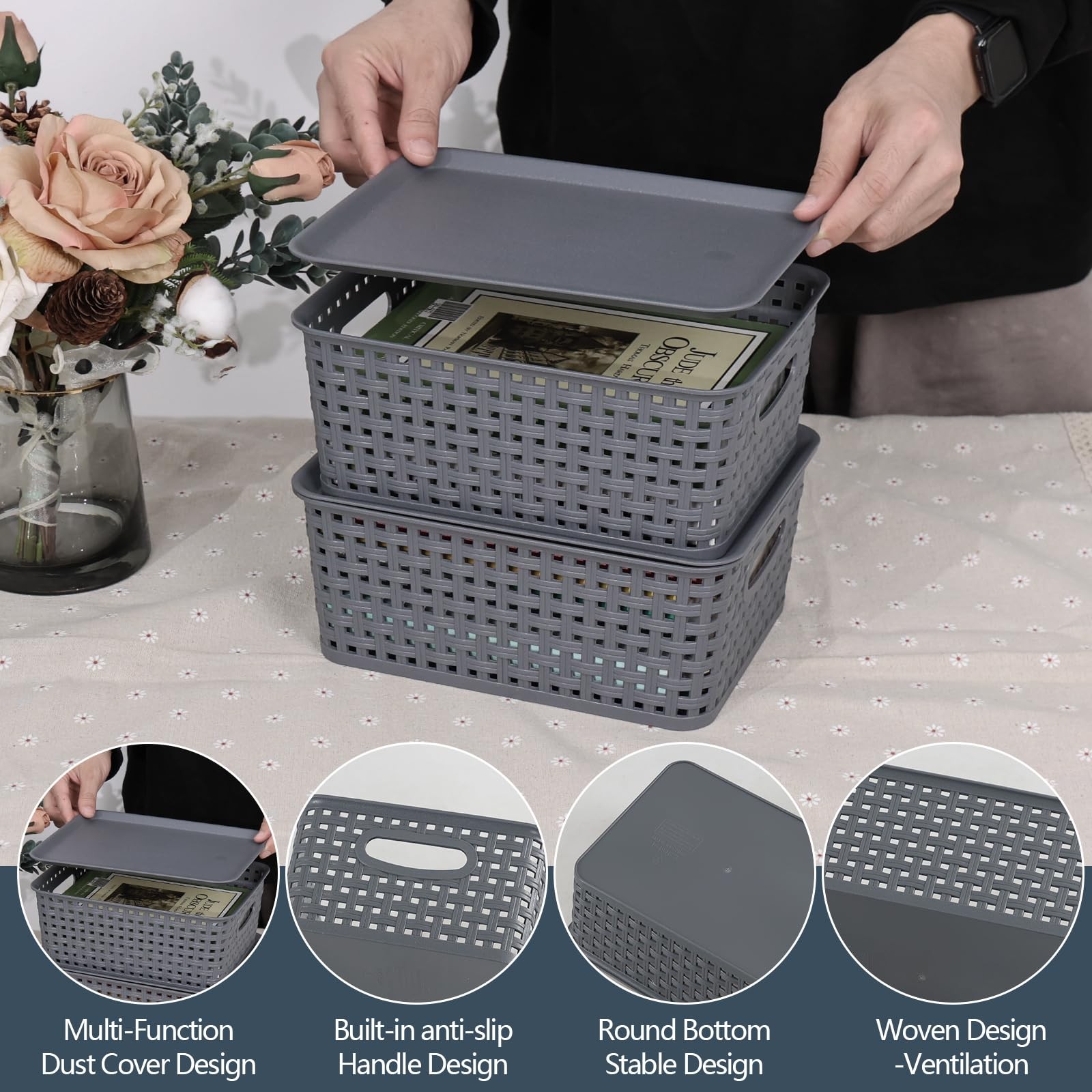 6 PCS Gray Weave Lidded Storage Baskets Matching DustProof Lids Stackable Bin