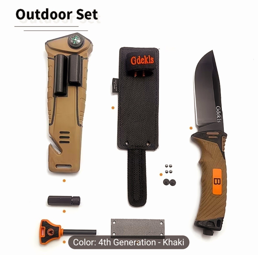 Gdekls Survival Knife 10.5cm Khaki /Sheath Fire Starter Compass Knife Sharpener