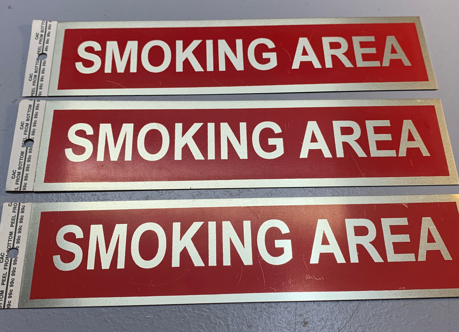 Set of 3 "SMOKING AREA" Self Adhesive Aluminum Sign 1.75" x 7.75" Red & Gold