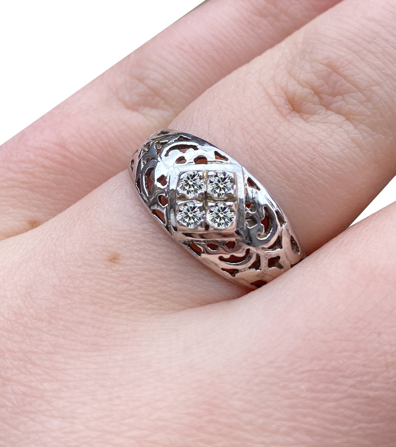 Solid Sterling Silver Handmade Ring with 4 Cubic Zirconia Stones + Gift Bag