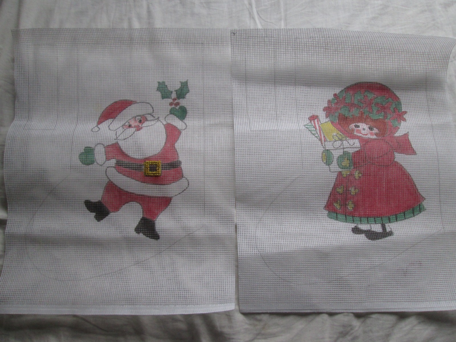 Vtg Hand Painted Needlepoint Canvas Lot 2 Christmas Stockings Santa Girl Started