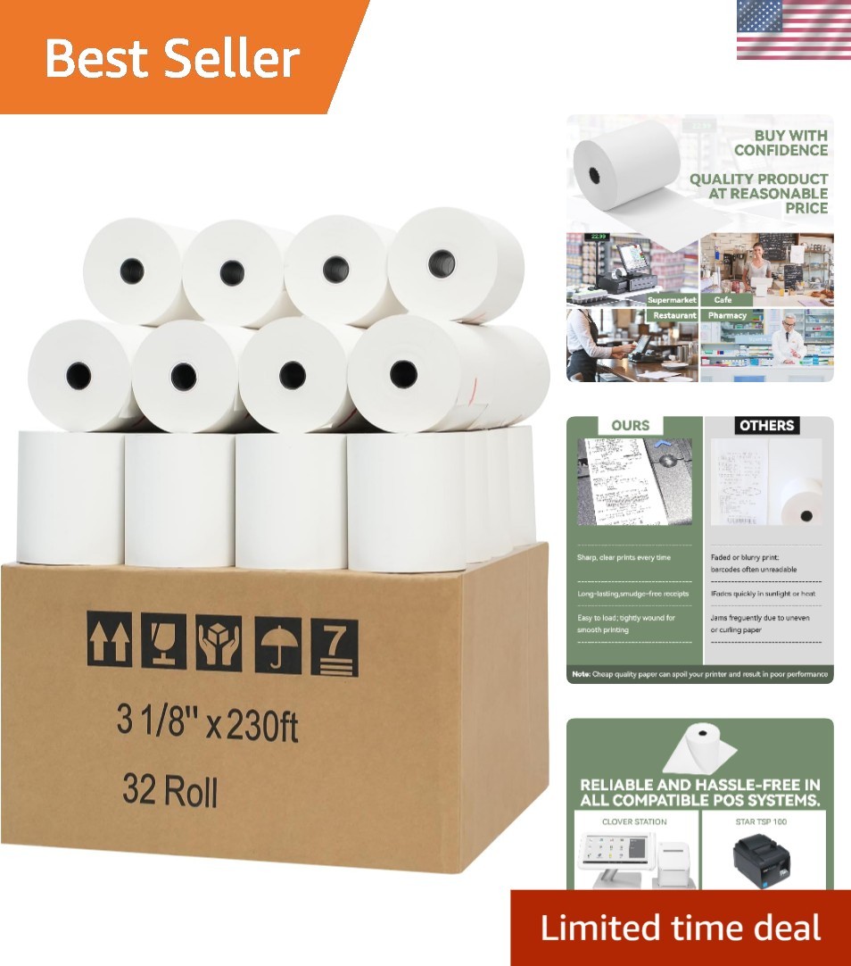 Smooth Finish Thermal Receipt Paper 3 1/8" x 230' - 32 Rolls for Easy Reload