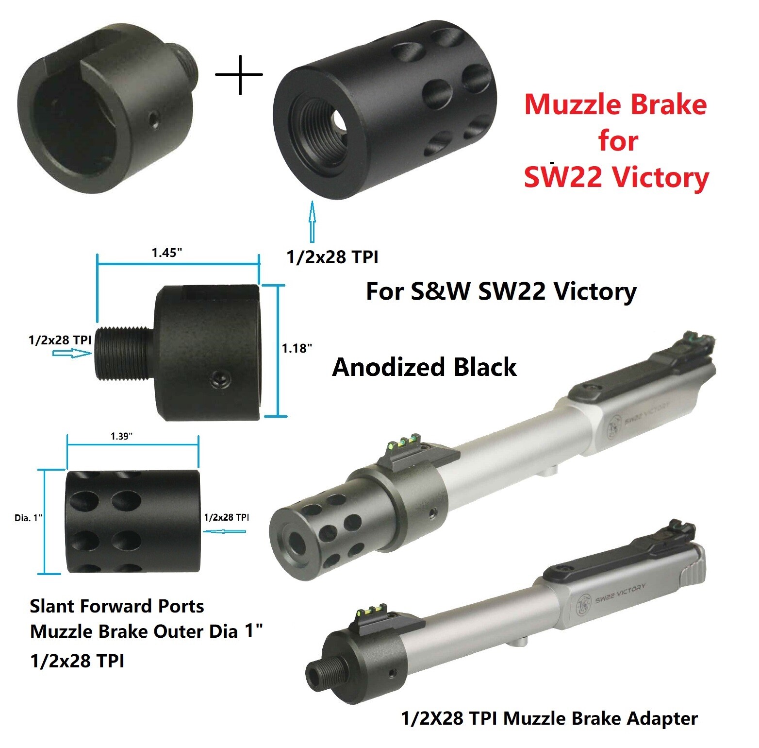 Smith & Wesson SW22 Victory Adapter With Muzzle Brake Compensator 1/2-28 22LR