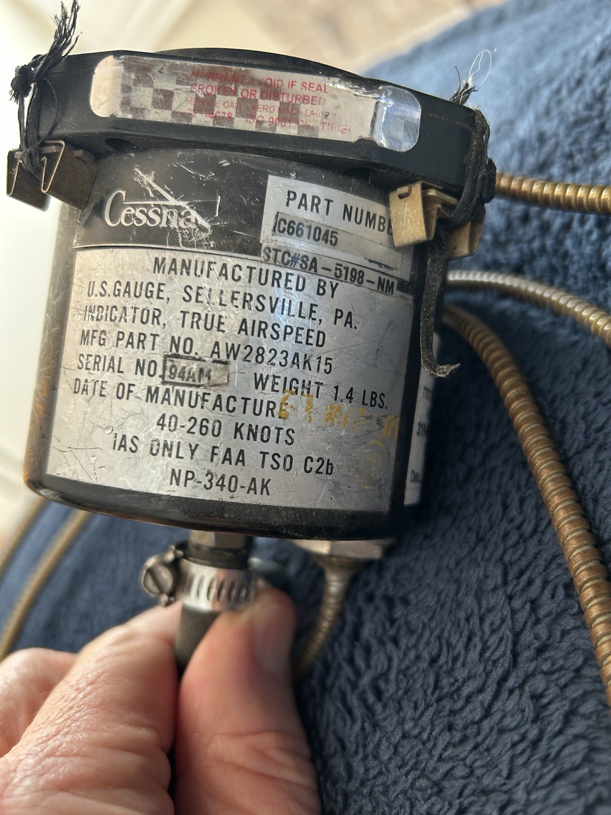Cessna True Airspeed Indicator  PN C661045, US Gauge PN AW2823AK15