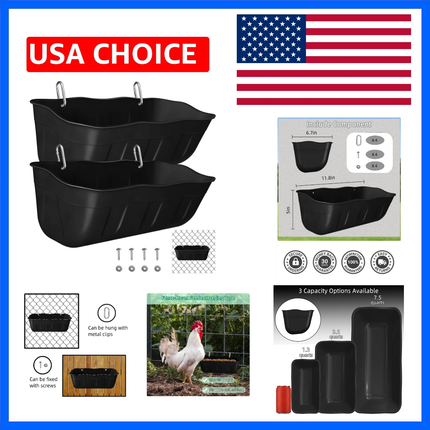 Chicken Feeder Waterer,Hanging Goat Feeders,Feed Trough 3.5 Quart 2 Pack,Hang...