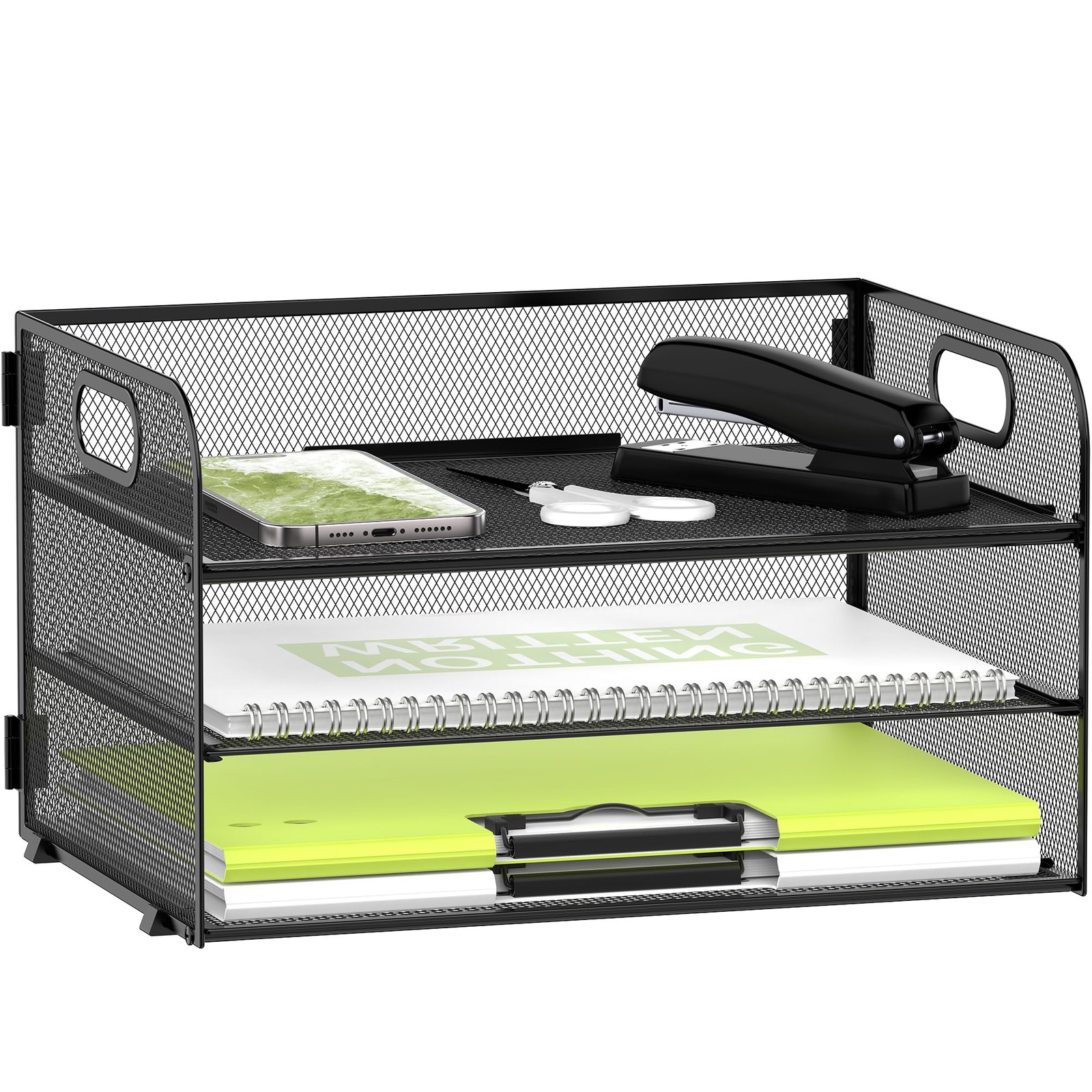 DALTACK 3 Tier Paper Organizer with Handle, Mesh 12.5" x 9" x 7.5", Black