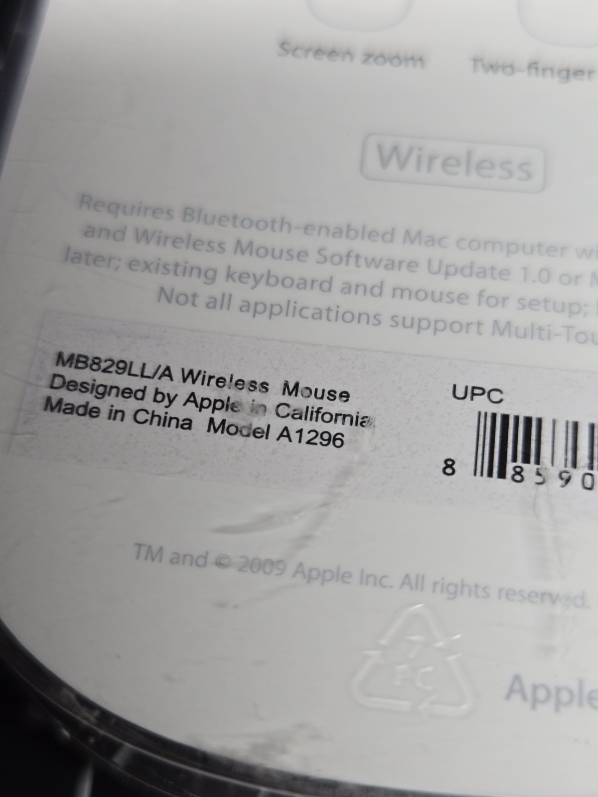 Apple A1296 Wireless Tactile/Multi-Touch Mouse - MB829LL/A