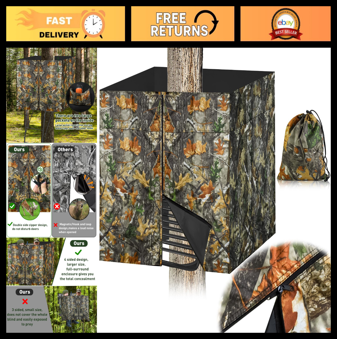 Universal 2-Man Hunting Tree Stand Blinds Kit - Camo Cover, Zipper Pocket, 4-Sid