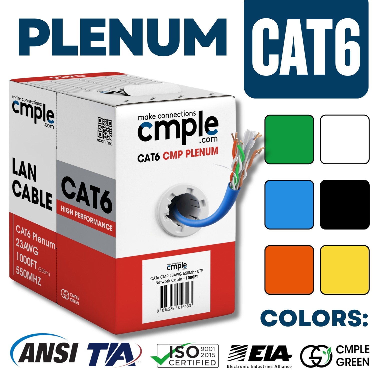 Cat6 Ethernet Cable 1000ft CMP Plenum 23AWG UTP 550MHz Bulk Network Cable
