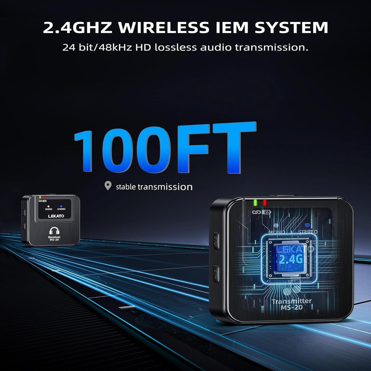 LEKATO Wireless 2.4G IEM System Transmitter Receiver OTG Plug Low Latency 100FT