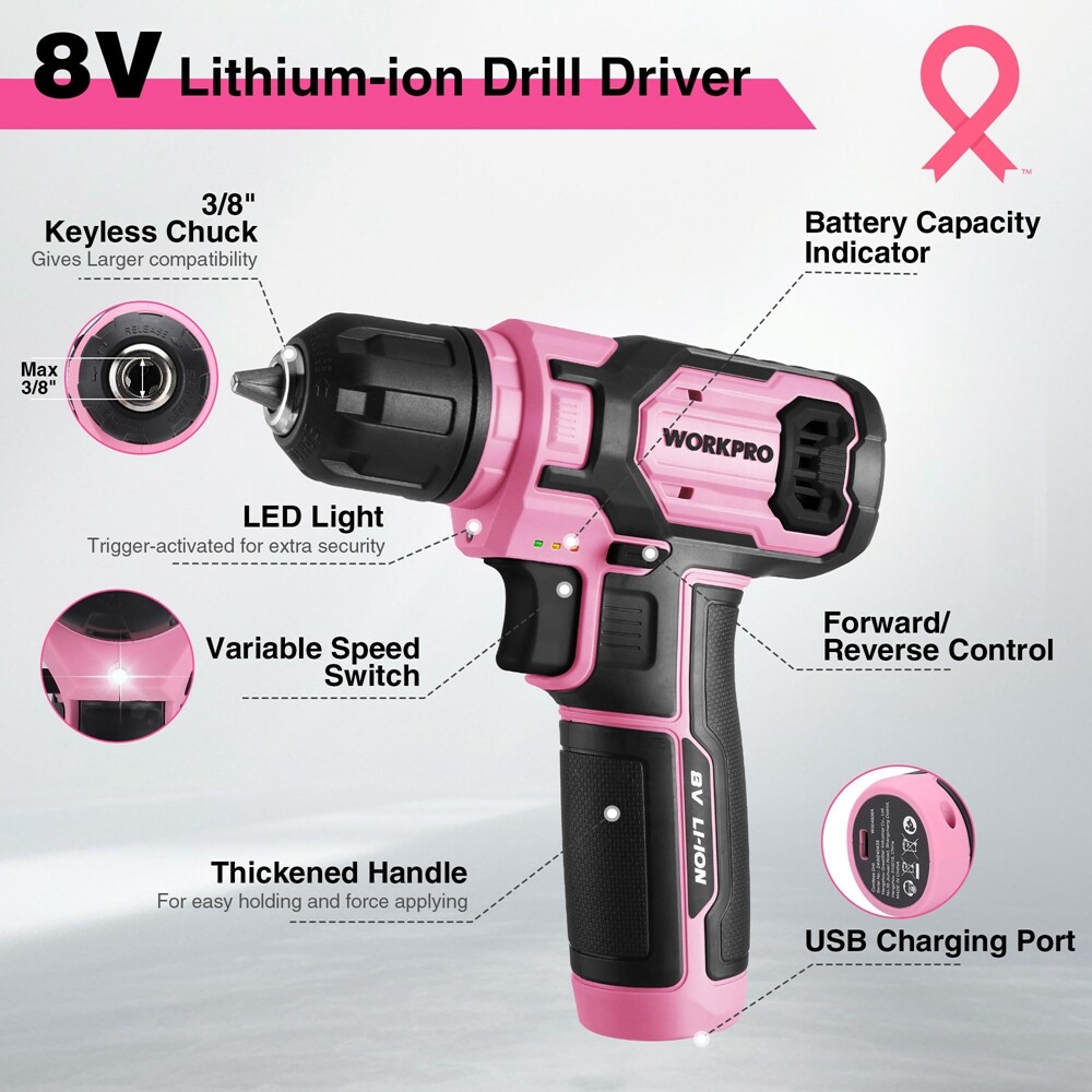 WORKPRO Pink Cordless Drill Driver Set 3/8 Keyless Chuck 53pc Bit Electric Drill
